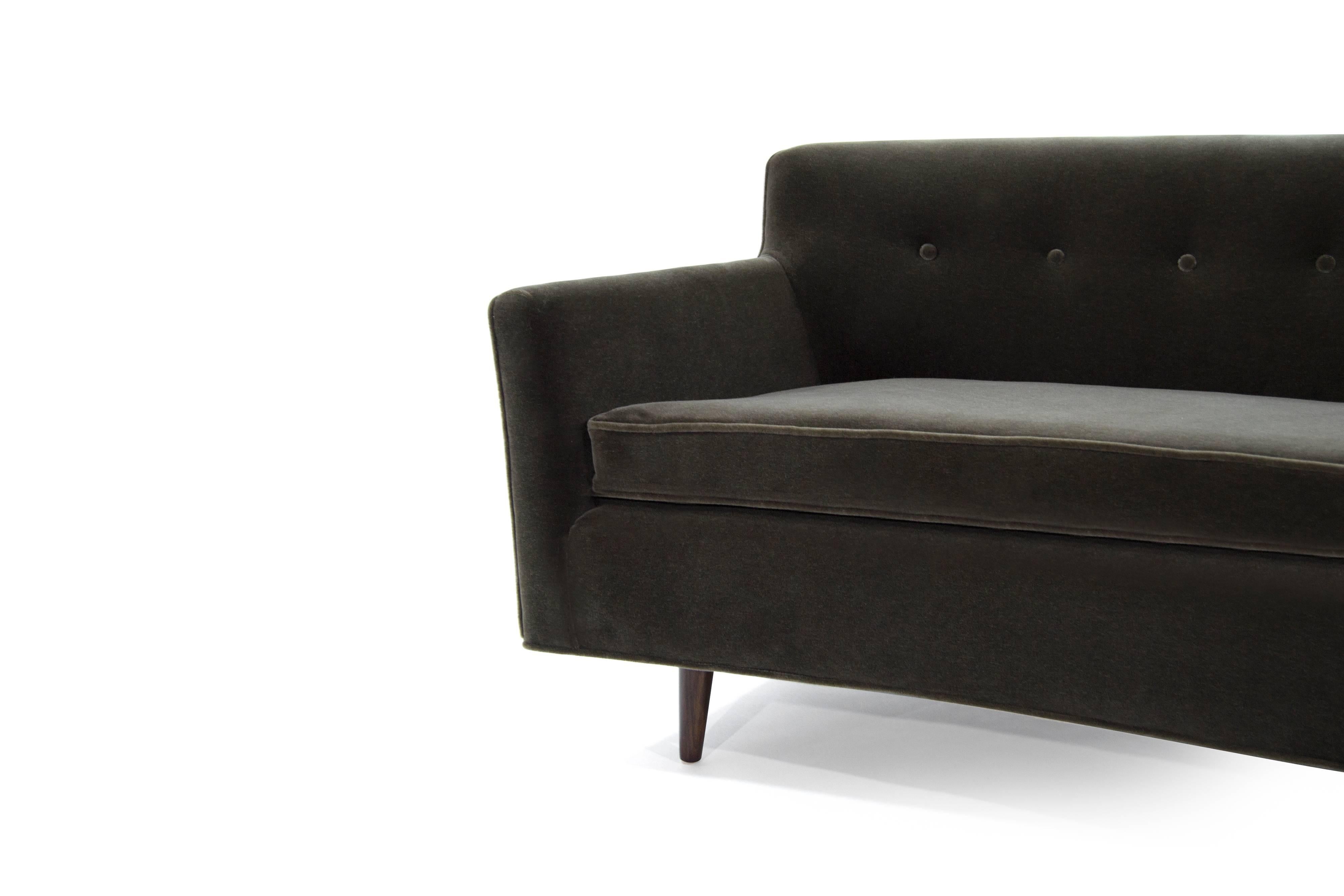 Brass Mid-Century Modern Walnut Bracket Back Crescent Sofa