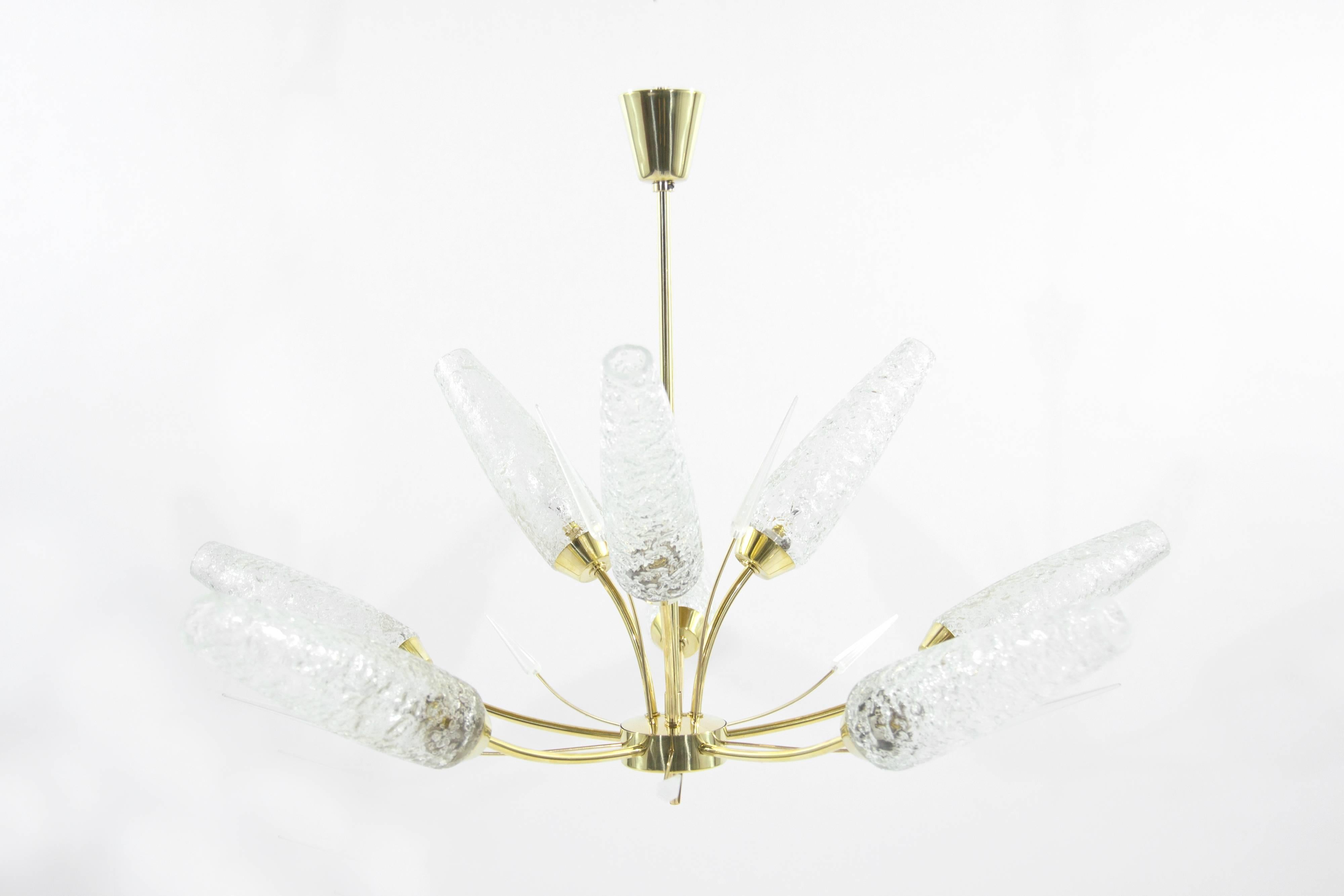 Mid-Century Modern Murano Glass Shades Brass Chandelier