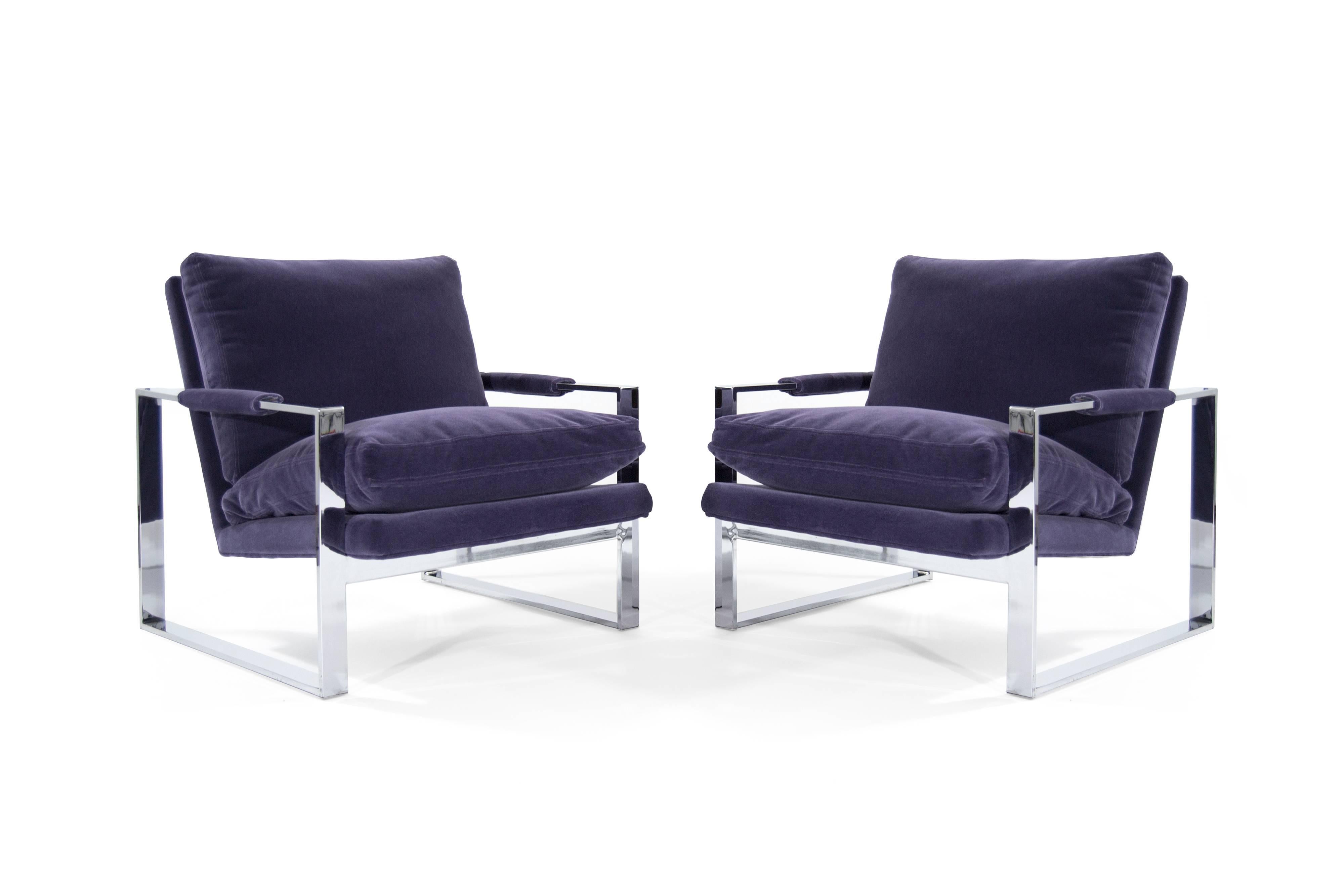 Pair of lounge chairs designed by Milo Baughman for Thayer Coggin newly recovered in purple mohair.

Chrome frames in perfect condition, no chips, discoloration or rust.
