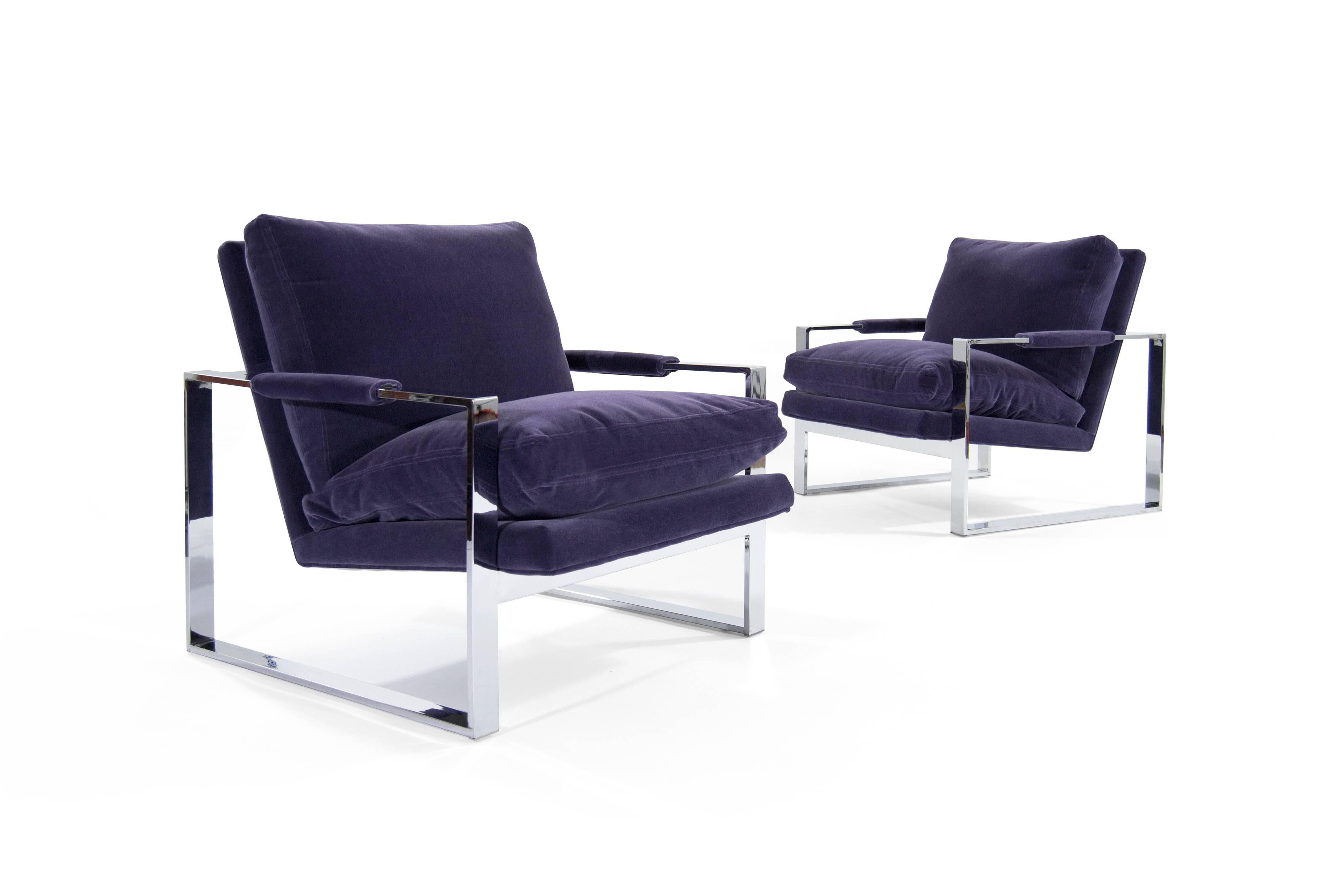 Mid-Century Modern Chrome Flat Bar Lounge Chairs by Milo Baughman