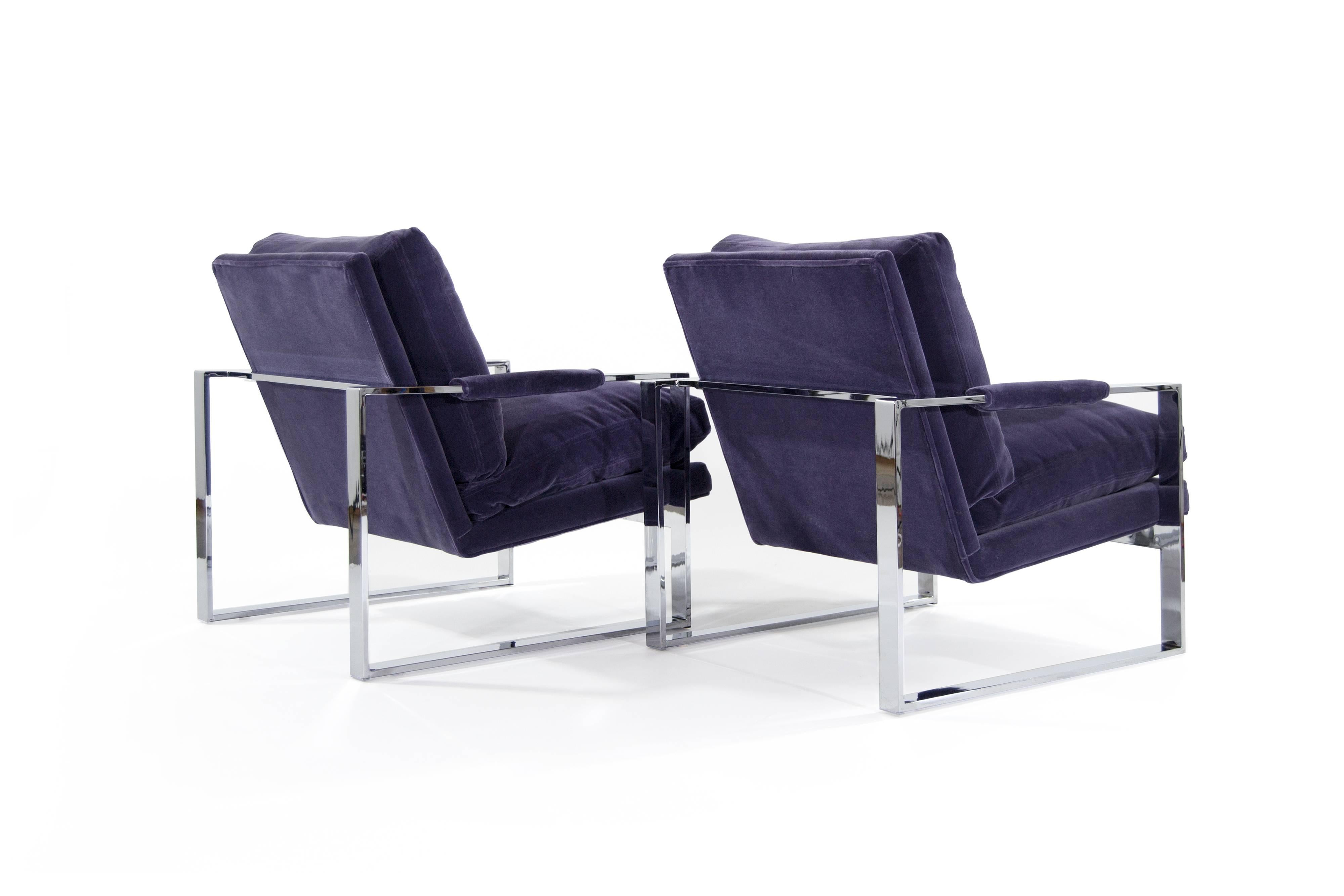 Chrome Flat Bar Lounge Chairs by Milo Baughman In Excellent Condition In Westport, CT