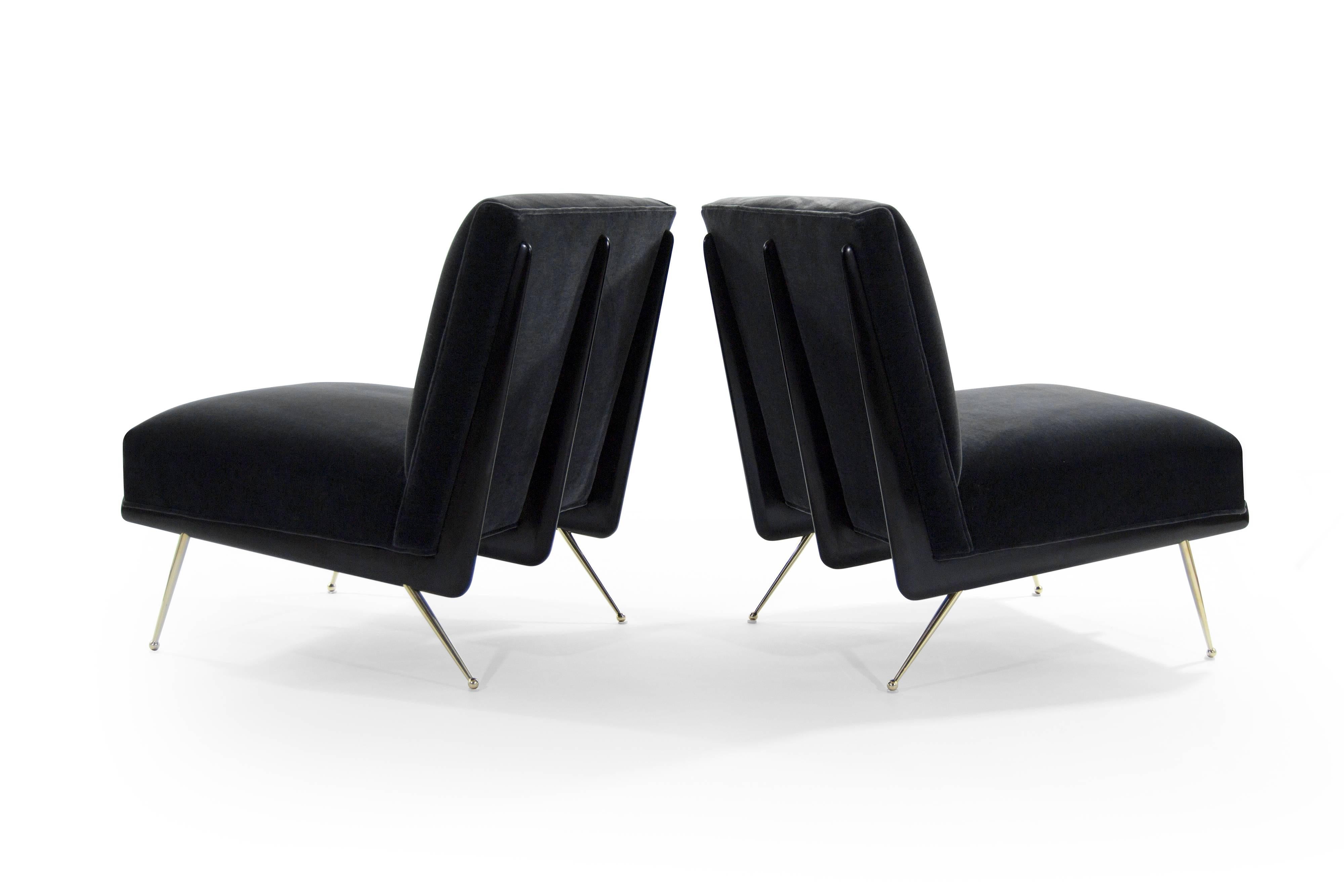 Mid-Century Modern Walnut Boomerang Lounge Chairs on Brass Legs