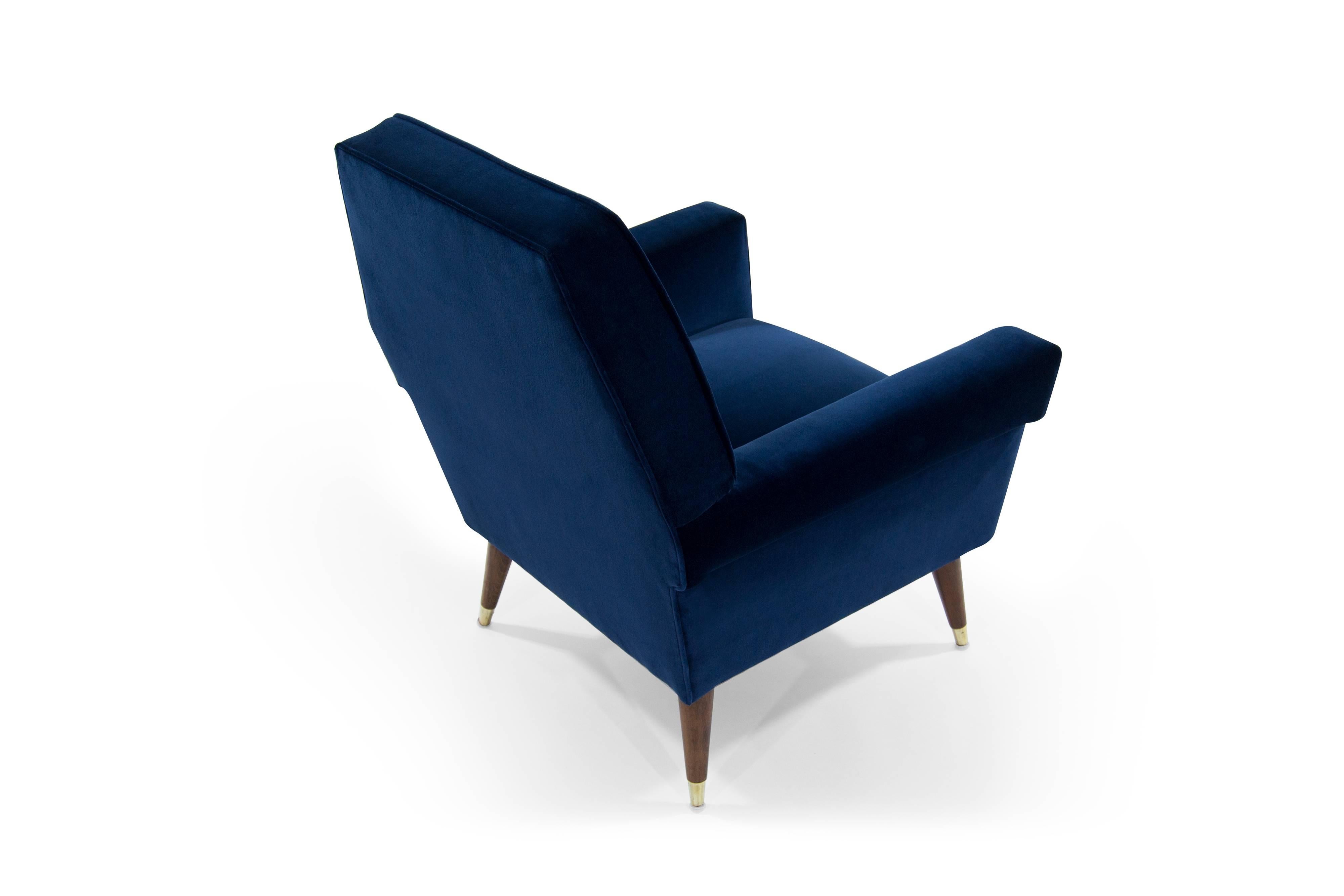 Brass Italian Navy Blue Velvet Lounge Chairs with Splayed Legs