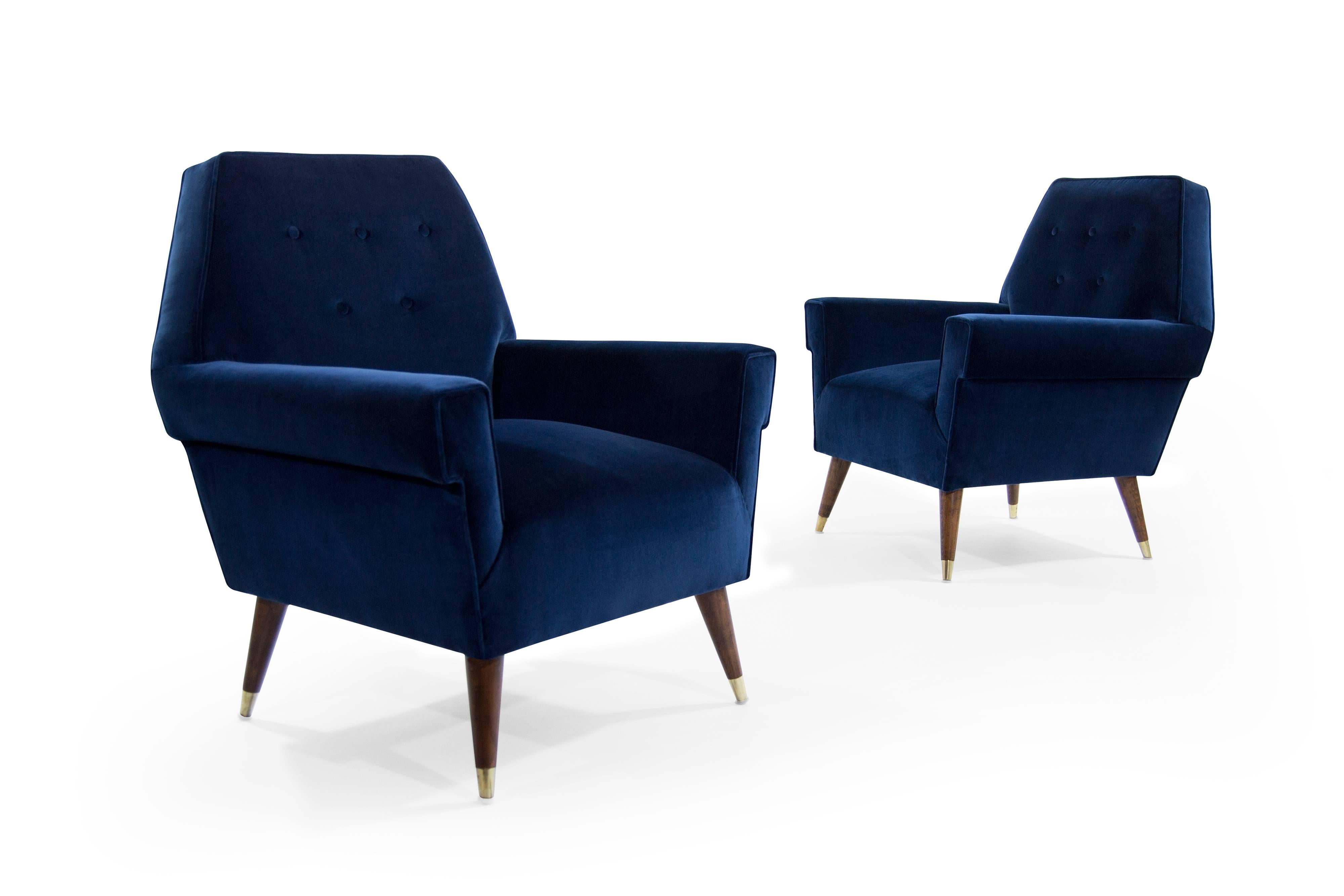 Mid-Century Modern Italian Navy Blue Velvet Lounge Chairs with Splayed Legs