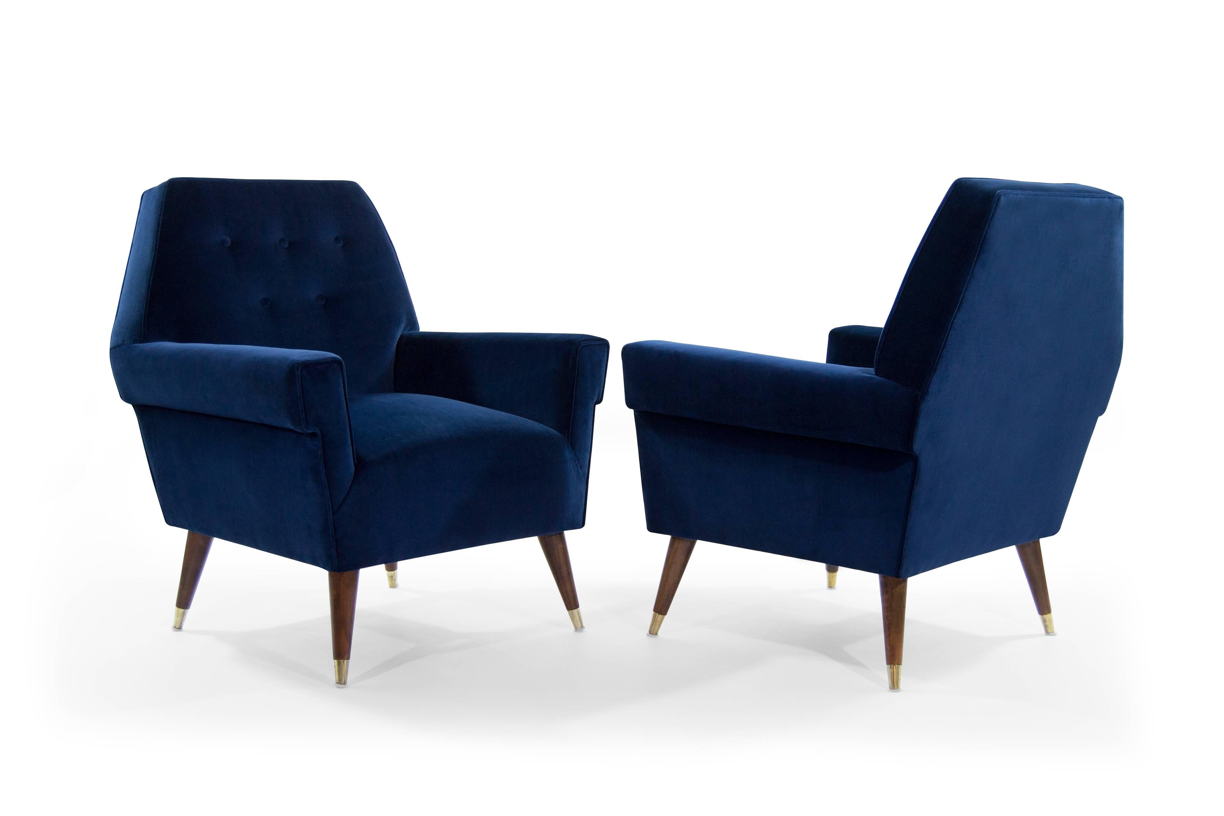 Italian Navy Blue Velvet Lounge Chairs with Splayed Legs In Excellent Condition In Westport, CT