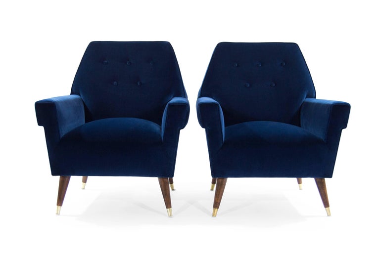 Italian Navy Blue Velvet Lounge Chairs with Splayed Legs at 1stDibs