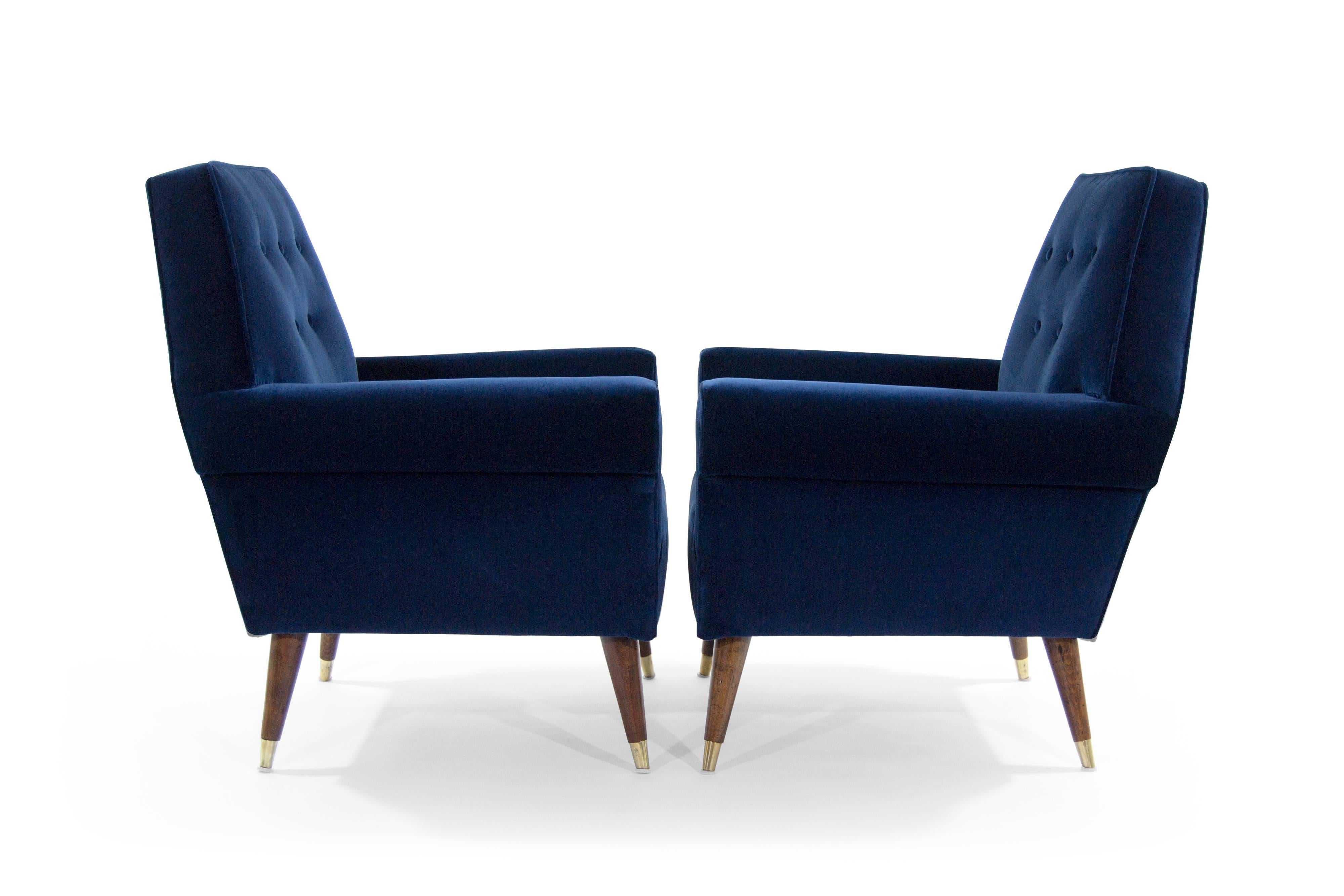 20th Century Italian Navy Blue Velvet Lounge Chairs with Splayed Legs