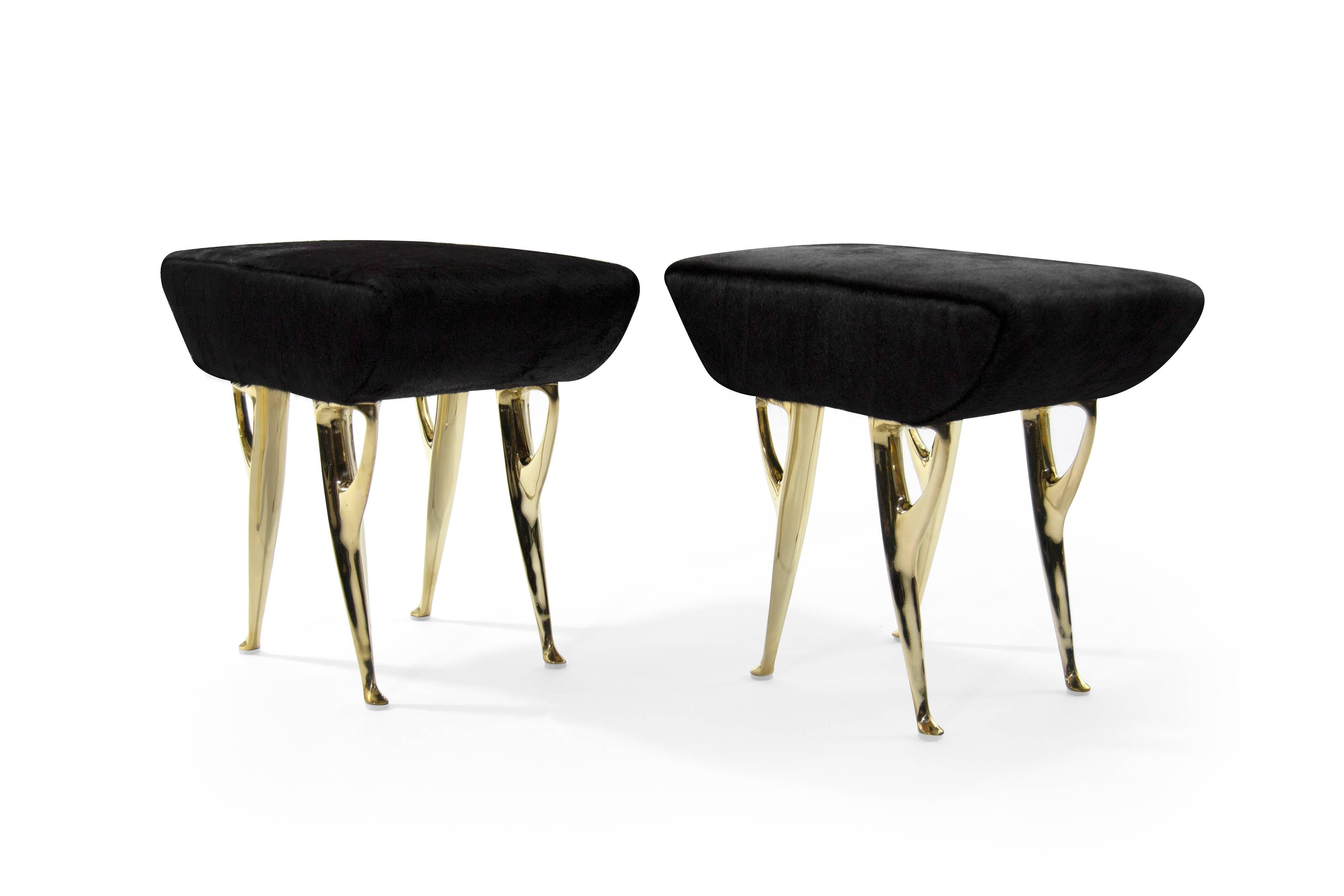Mid-Century Modern Brass Stag Benches in Hair on Hide