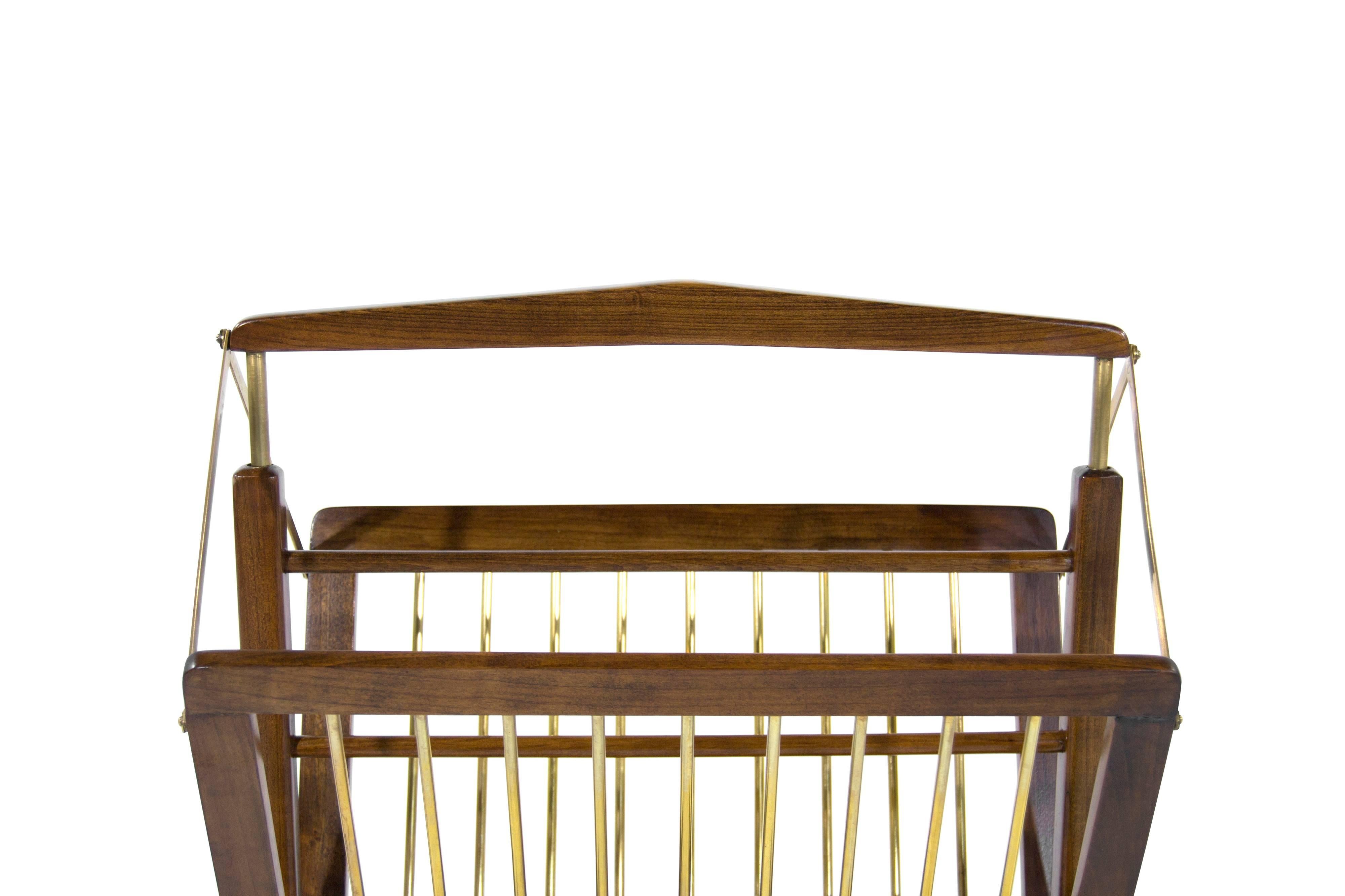 Brass Walnut Magazine Rack, Italy, 1950s