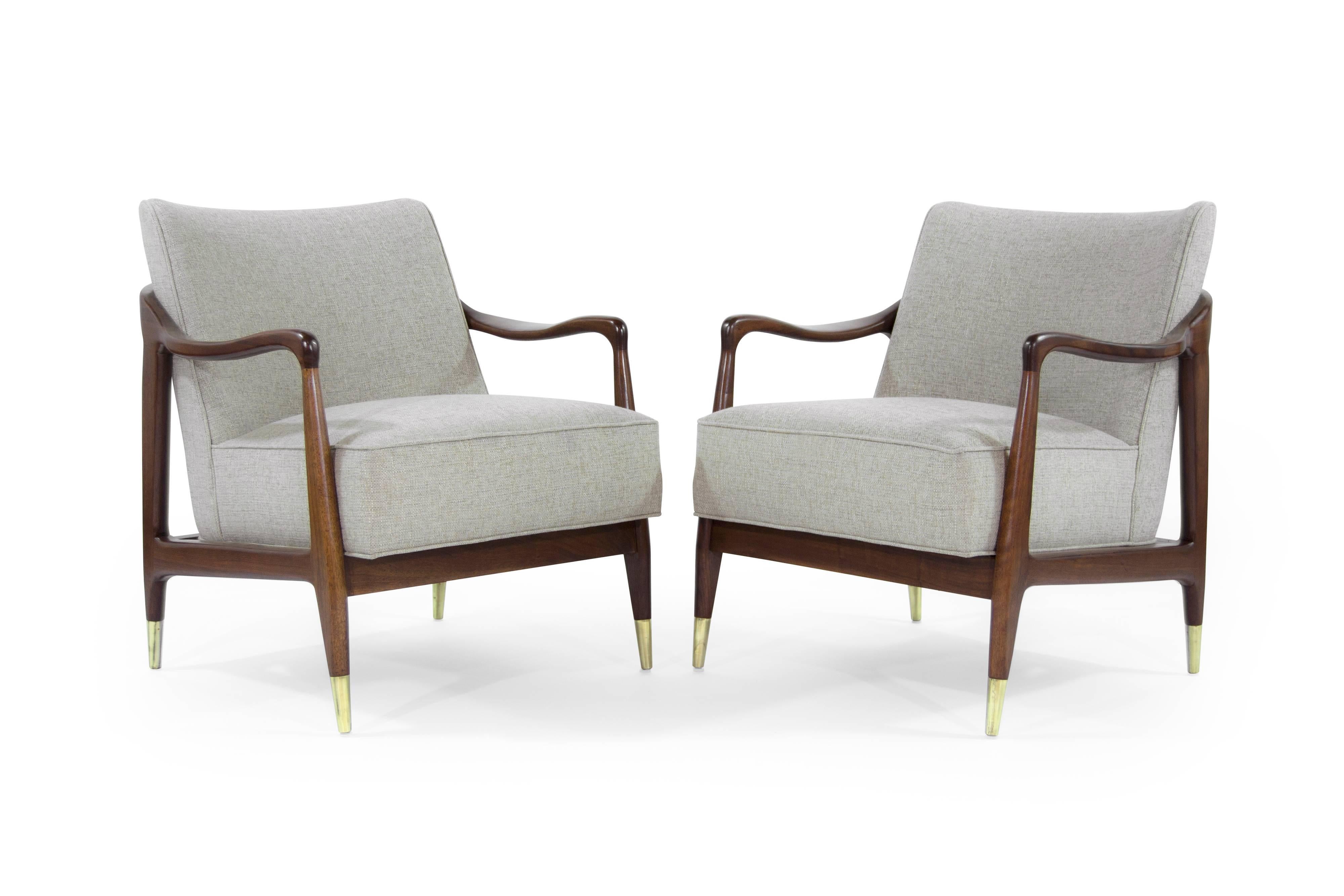 Mid-Century Modern Gio Ponti Style Sculptural Walnut Lounge Chairs