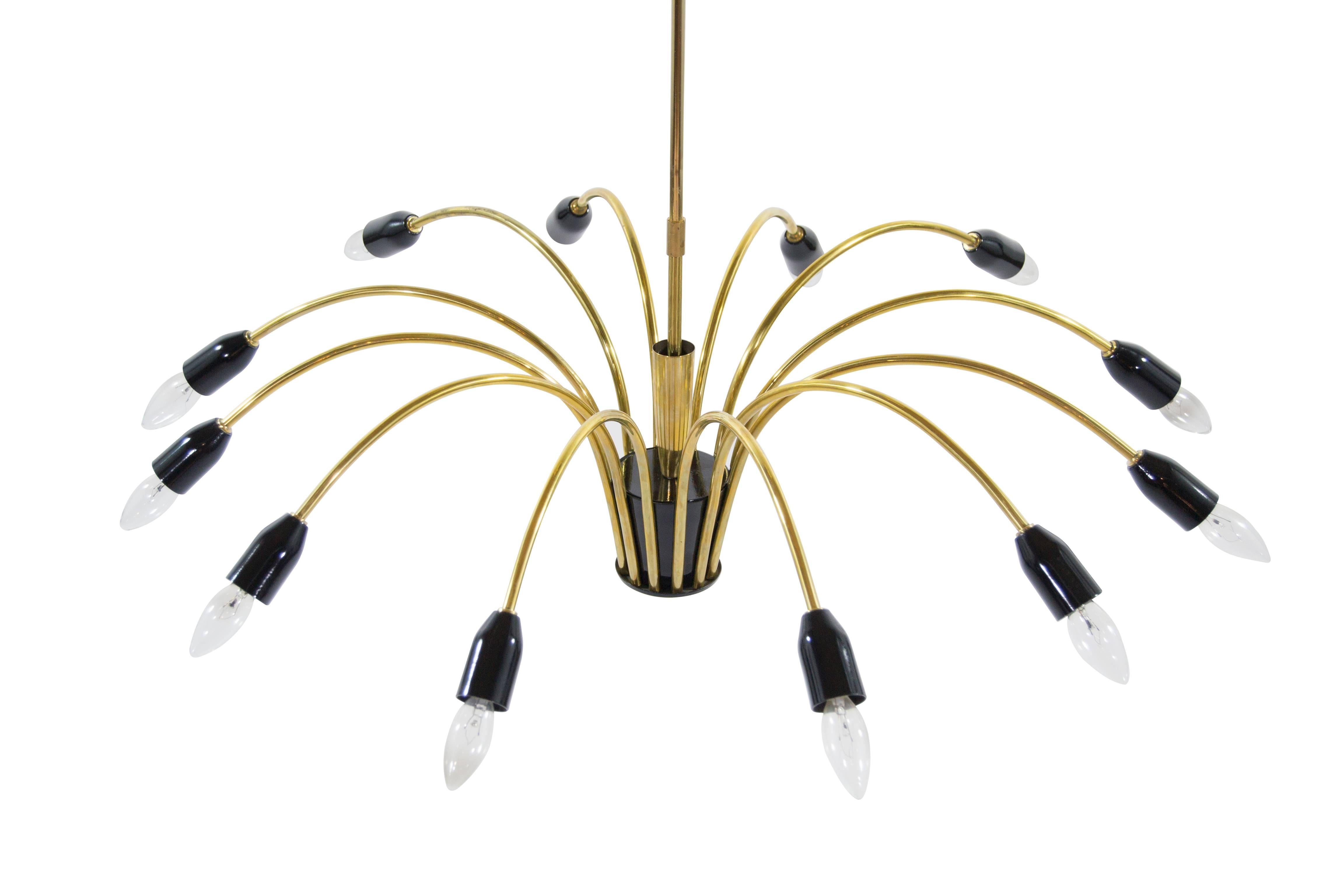 Stilnovo style Italian chandelier manufactured in Italy, circa 1960s. Featuring 12 curved brass arms ending black enameled sockets. Fully restored, rewired. New canopy installed to fit standard j-box, height adjustable.