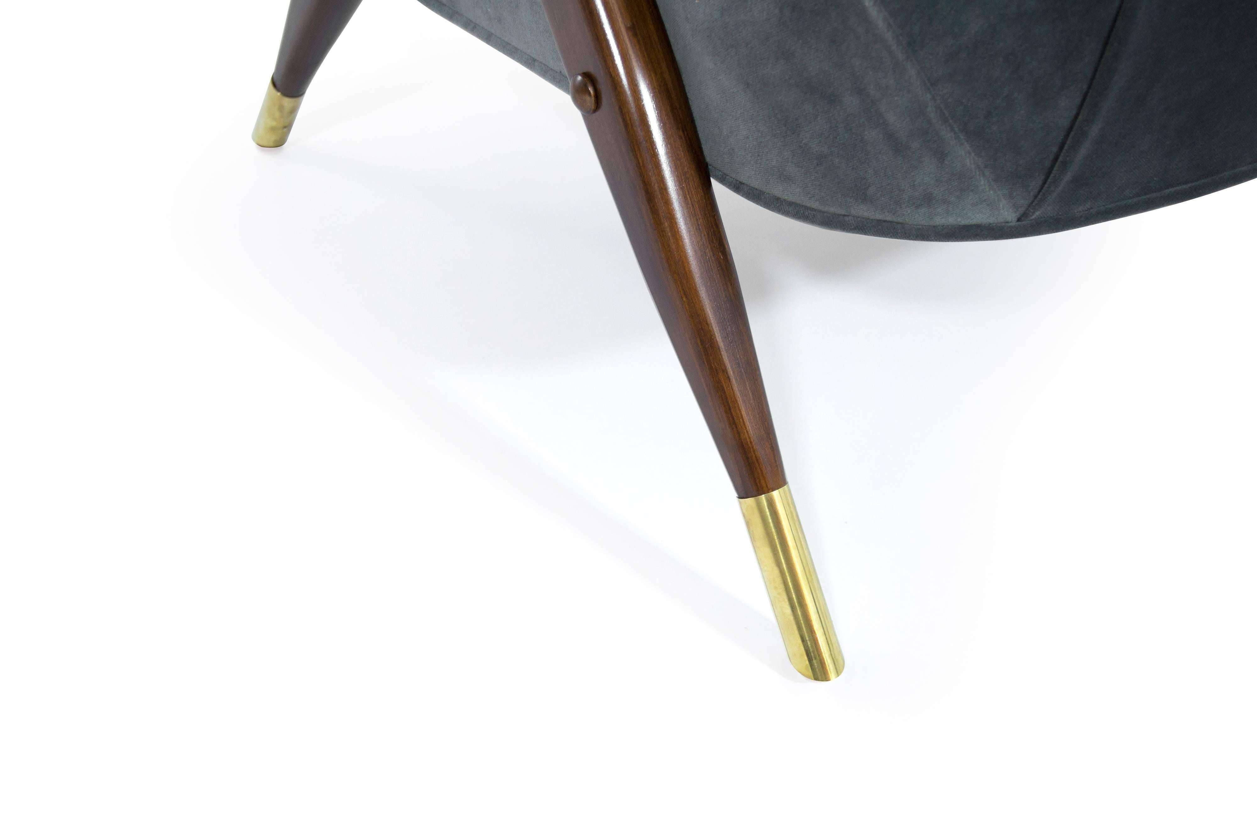 Brass Modernist Karpen of California Lounge Chairs in Granite Velvet