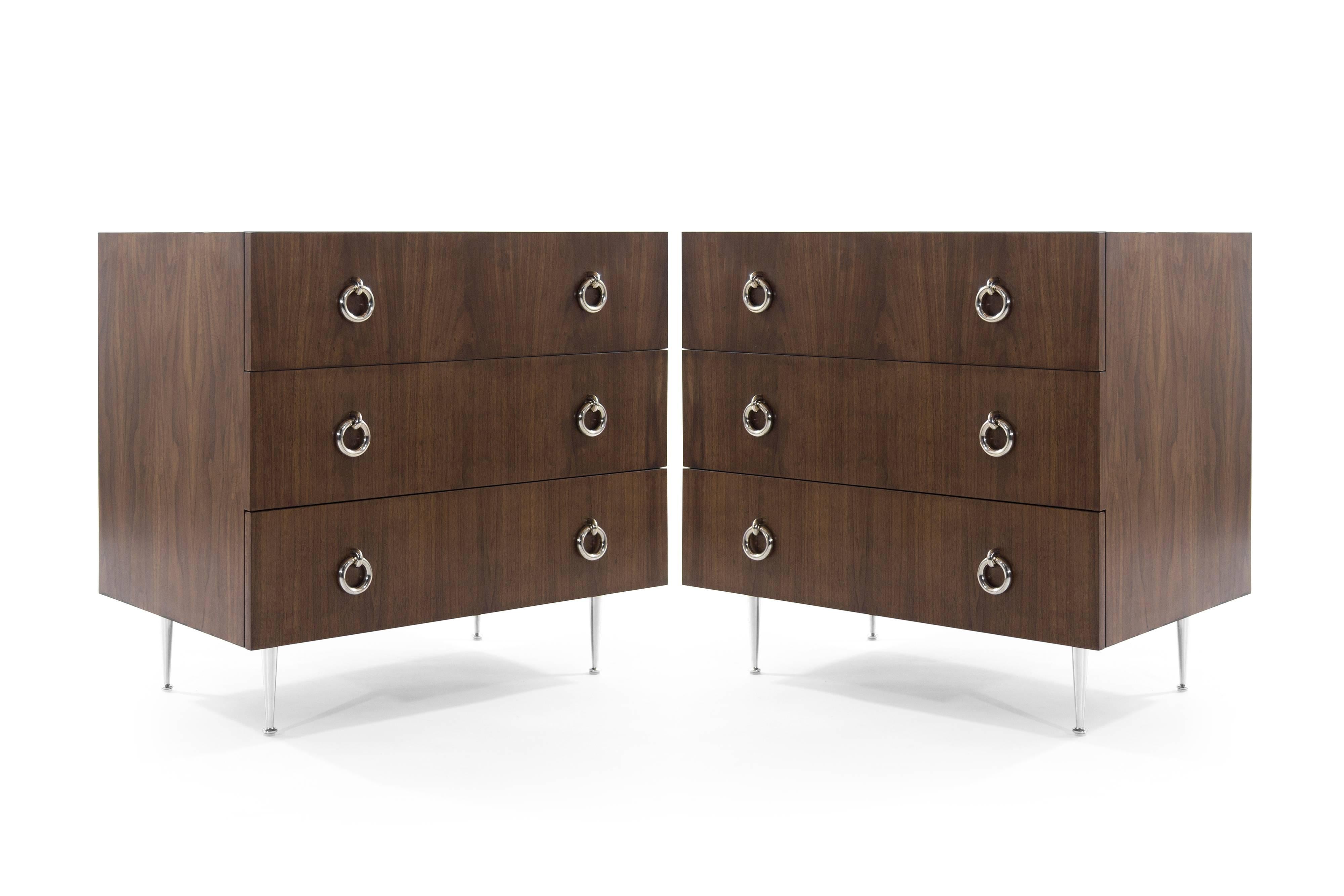 Mid-Century Modern Walnut Chests of Drawers on Nickel Legs