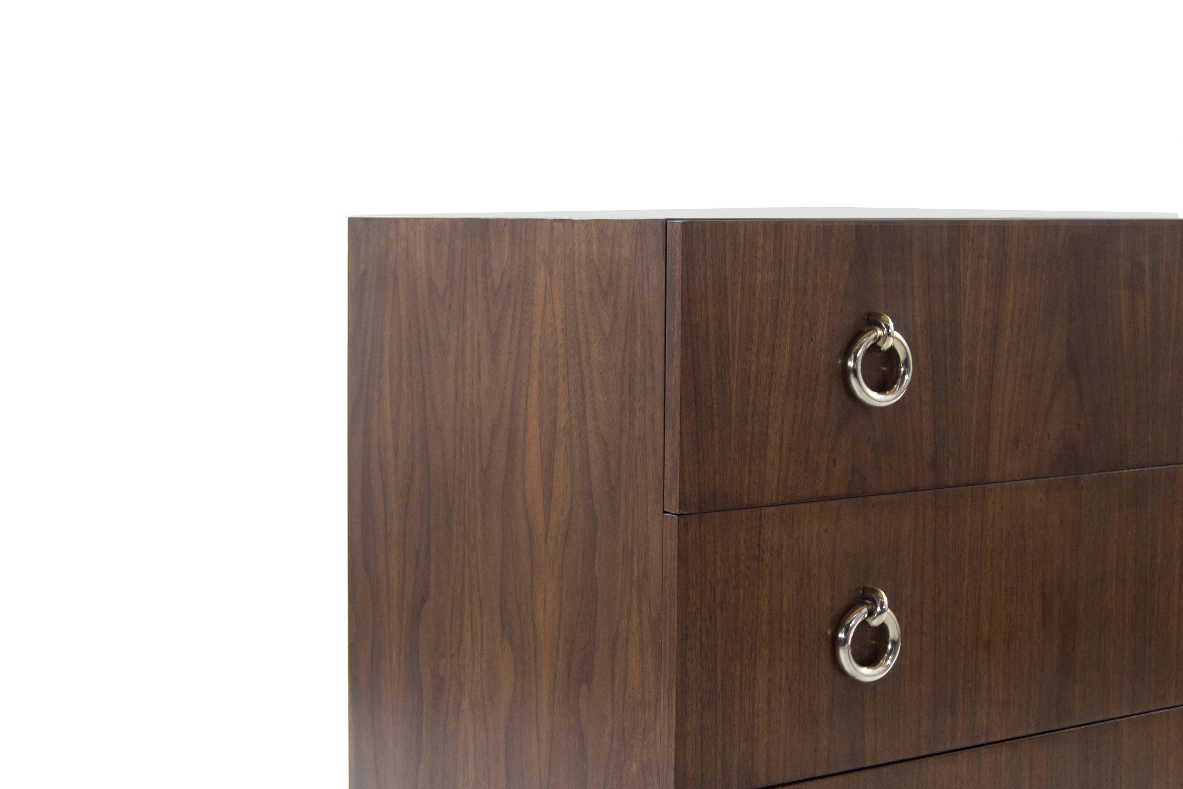 Contemporary Walnut Chests of Drawers on Nickel Legs