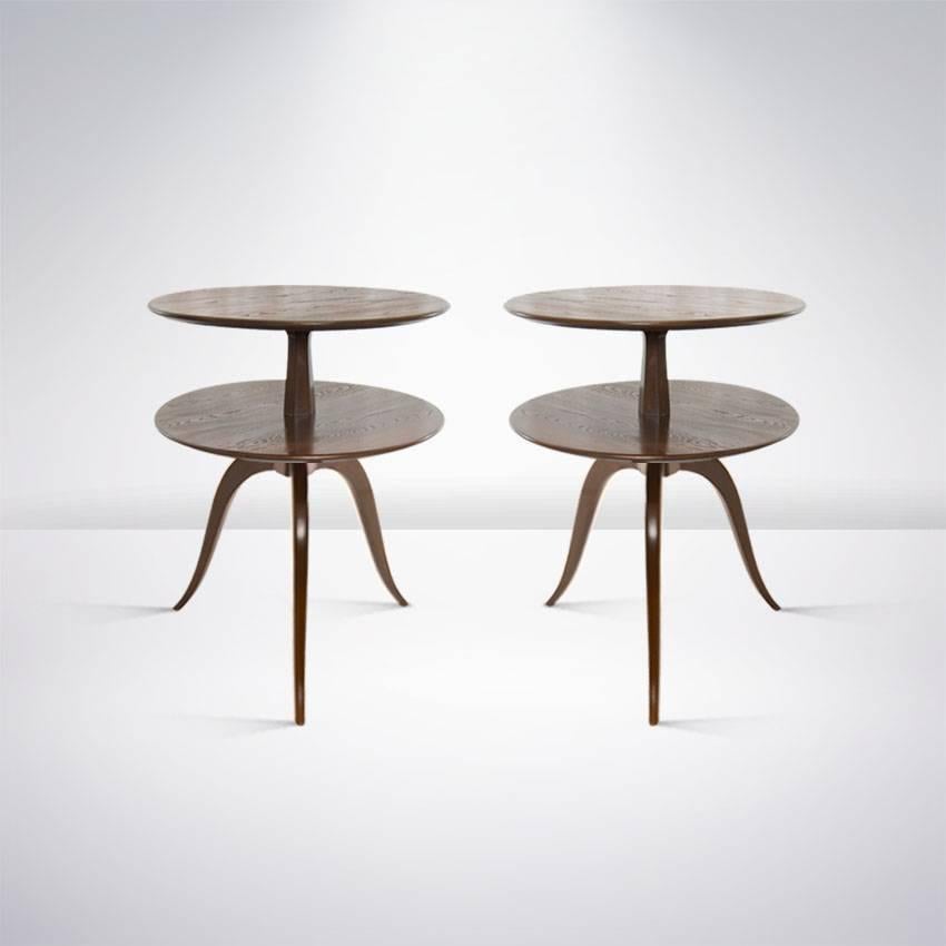 Pair of tiered side tables by Paul Frankl for Brown Saltman, 1950s. Newly refinished in natural.