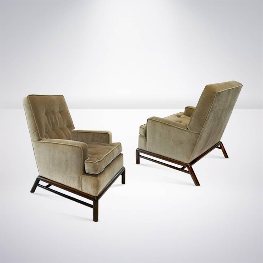 Very unusual pair of highback lounges by T.H. Robsjohn-Gibbings for Widdicomb. 

Newly upholstered in brown velvet. Sculptural walnut bases newly refinished in dark.