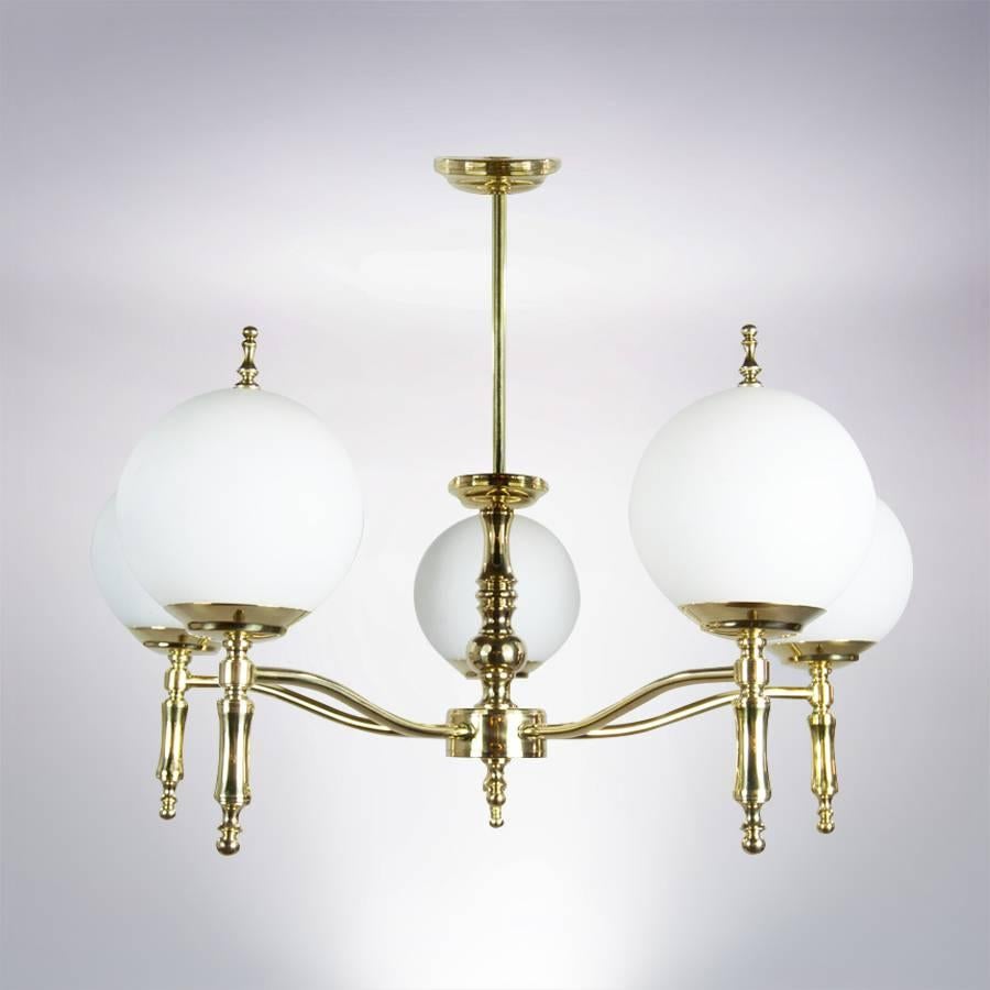 Frosted Italian Brass Chandelier, circa 1950s For Sale