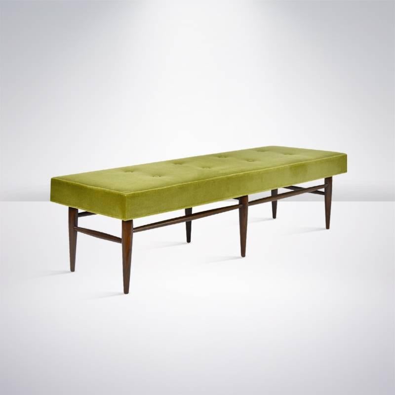 Six-legged circa 1950s bench newly refinished and upholstered in chartreuse mohair.