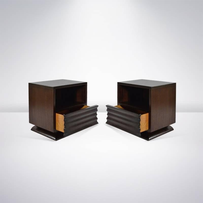 American Mid-Century Modern Sculptural Nightstands in Stained Mahogany