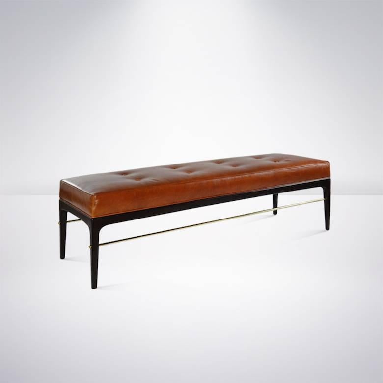 American Edward Wormley Style Brass Rodded Bench in Cognac Leather