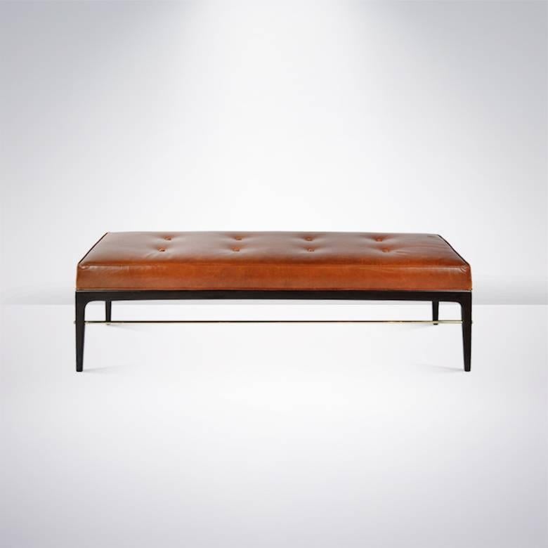 Polished Edward Wormley Style Brass Rodded Bench in Cognac Leather