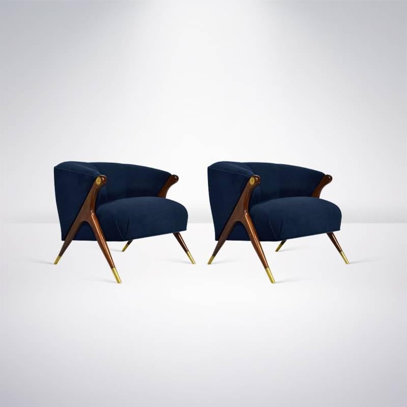 Modernist Karpen Lounge Chairs in Blue Wool, circa 1950s In Excellent Condition In Westport, CT