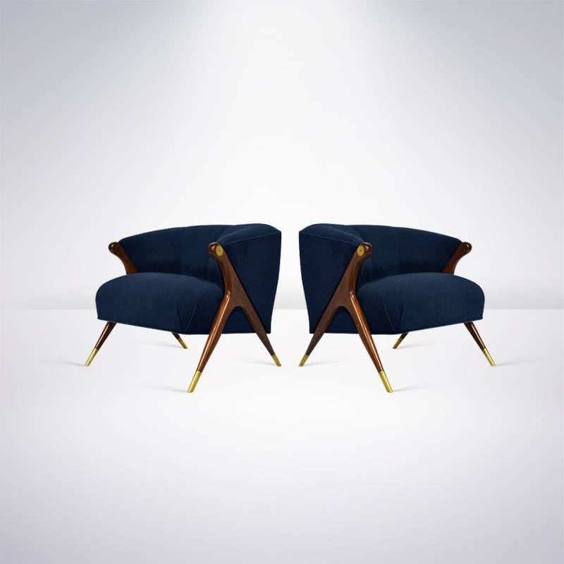 Mid-Century Modern Modernist Karpen Lounge Chairs in Blue Wool, circa 1950s