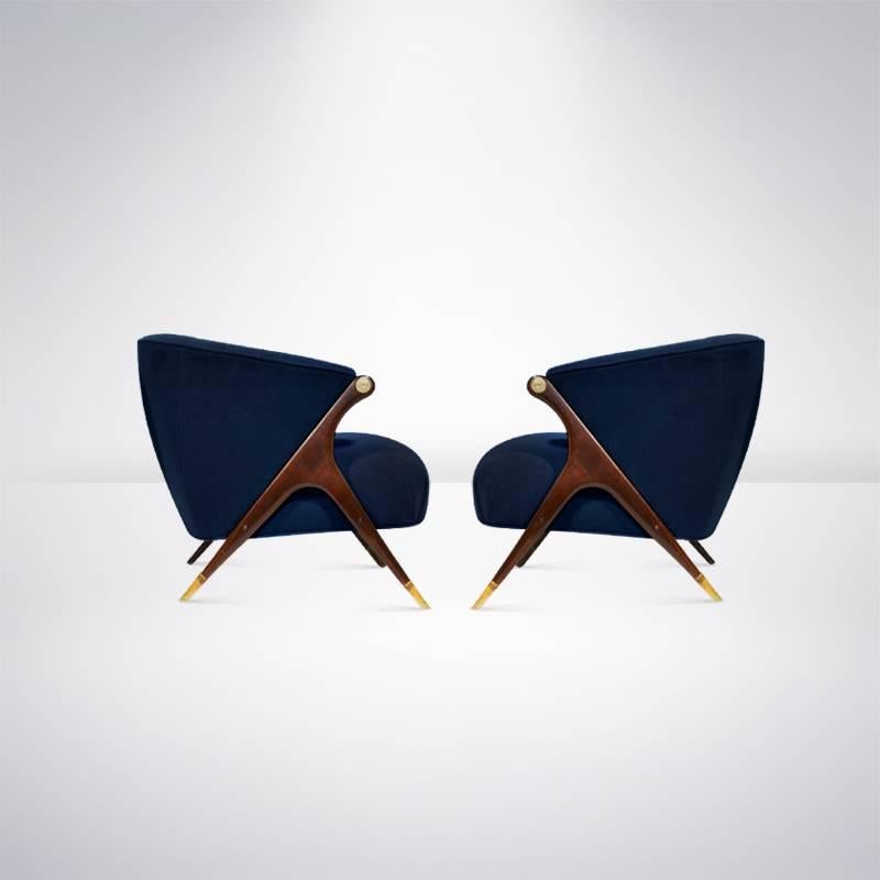 Modernist Karpen Lounge Chairs in Blue Wool, circa 1950s 2