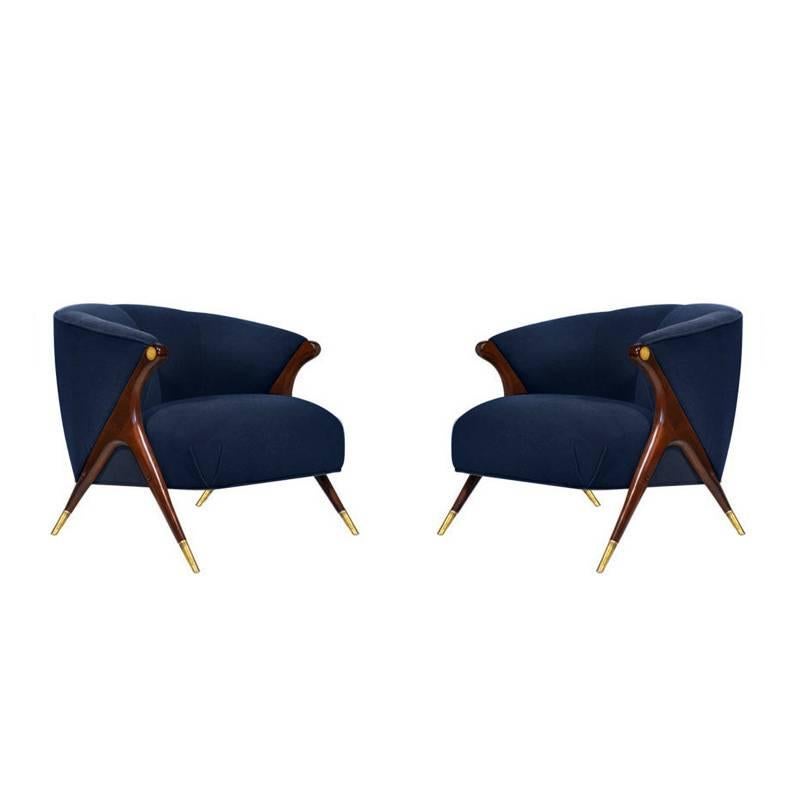 Modernist Karpen Lounge Chairs in Blue Wool, circa 1950s