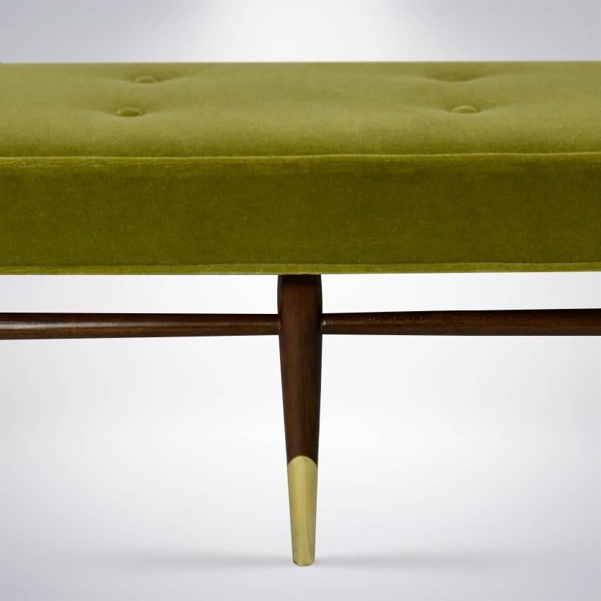 Brass Mid-Century Modern Bench in Chartreuse Mohair