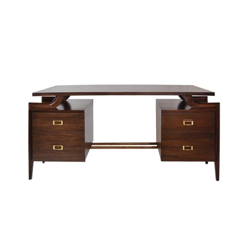 Stunning from every angle. Sculptural double pedestal mahogany desk, circa 1950s. Fully restored.