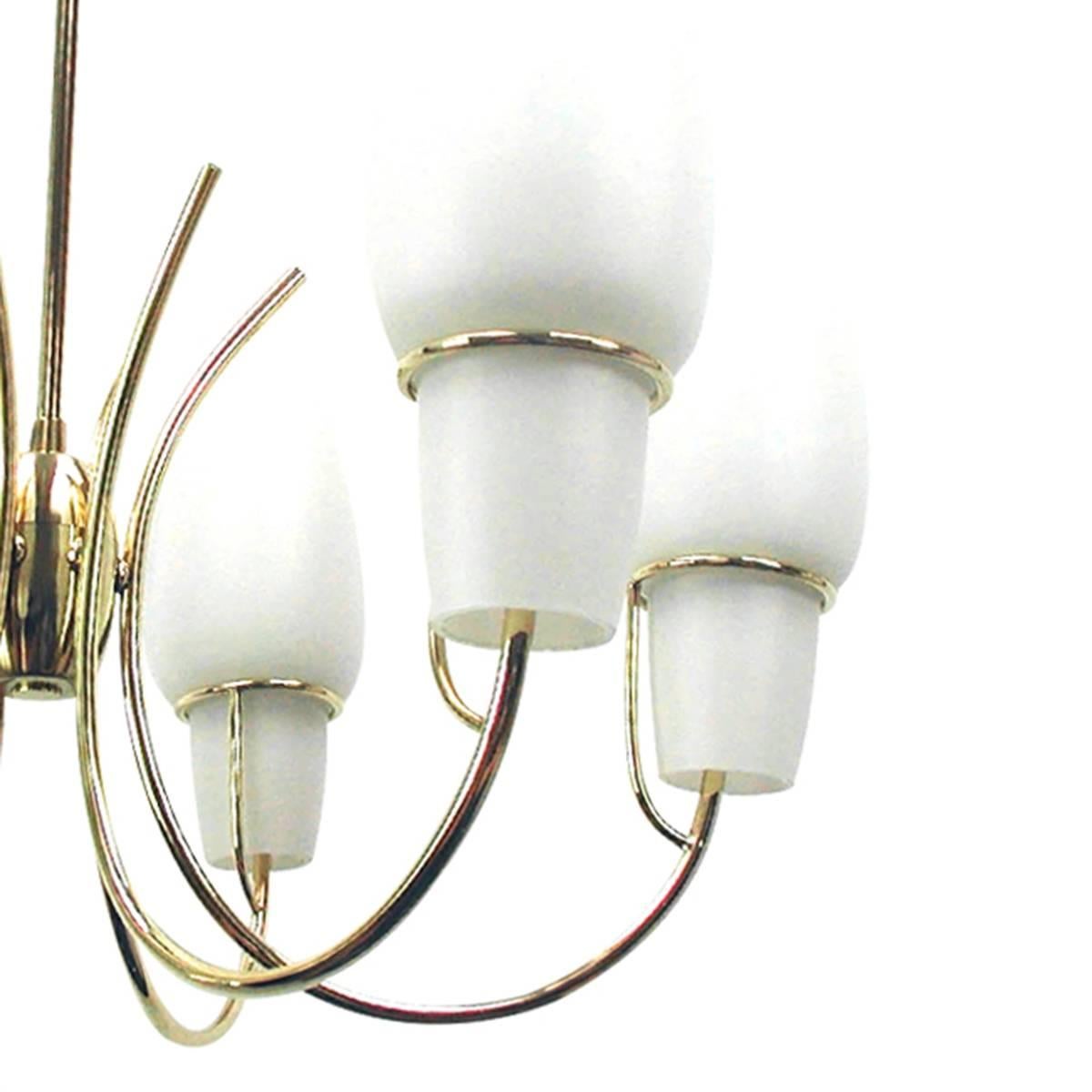 Mid-Century Modern Opaline Glass Brass Chandelier, Italy 1950s