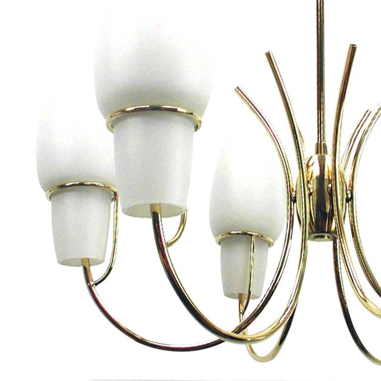 Opaline Glass Brass Chandelier, Italy 1950s In Excellent Condition For Sale In Stamford, CT