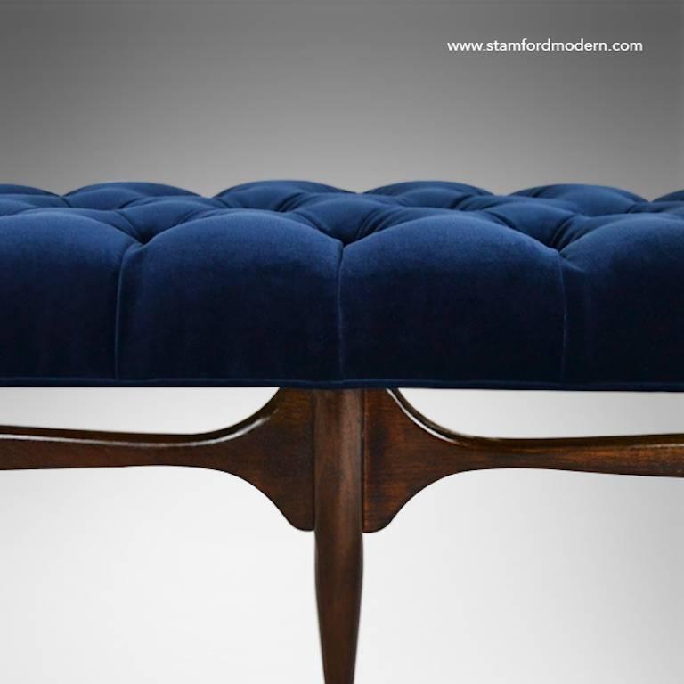Mid Century Sculptural Tufted Bench In Navy Blue Velvet At