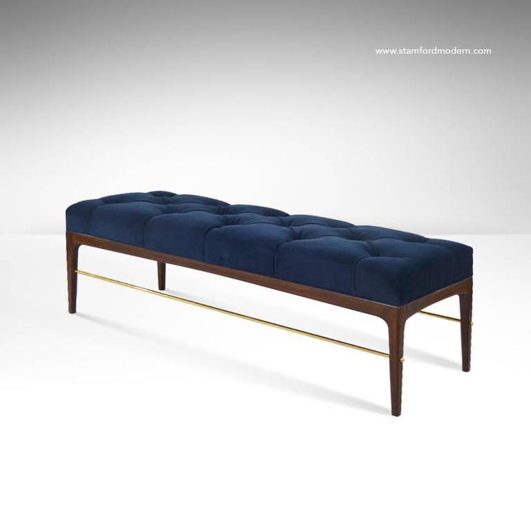 Brass Rodded Bench In Tufted Blue Velvet At 1stdibs