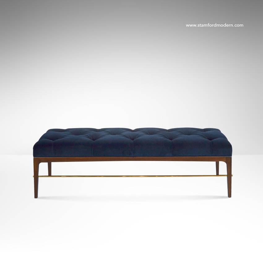 Brass Rodded Bench In Tufted Blue Velvet At 1stdibs