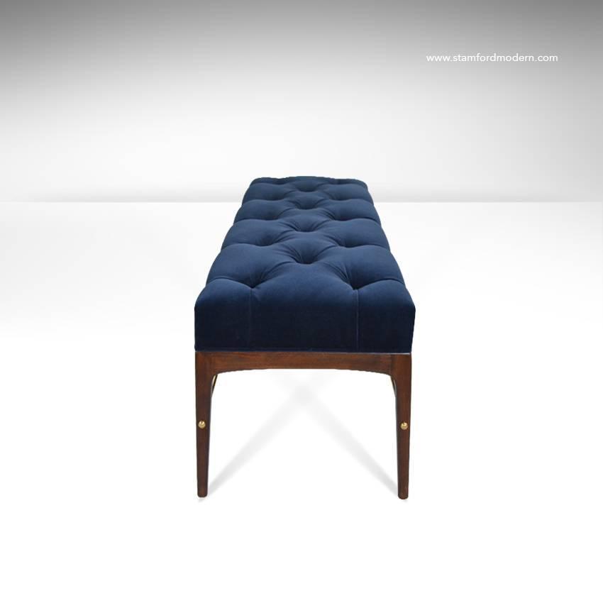 Brass Rodded Bench In Tufted Blue Velvet At 1stdibs