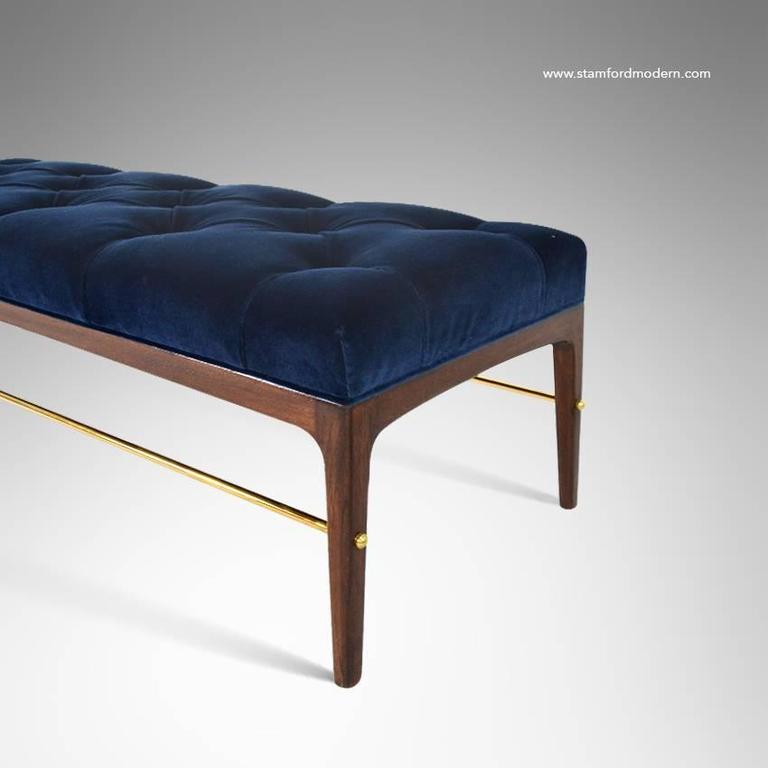 Brass Rodded Bench In Tufted Blue Velvet At 1stdibs