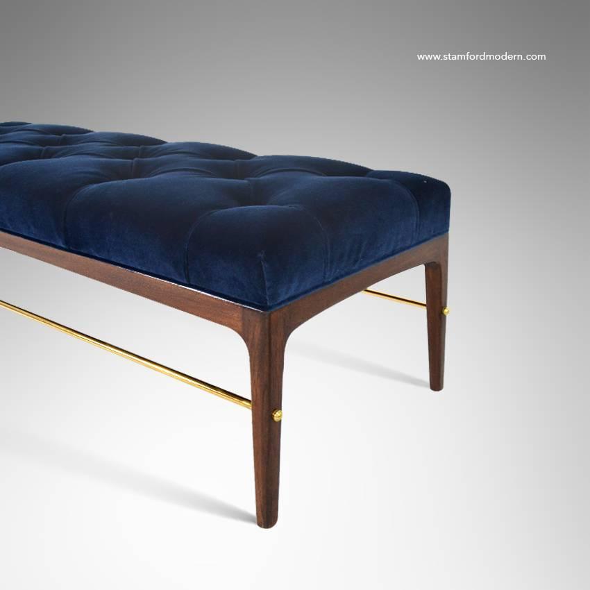 Brass Rodded Bench In Tufted Blue Velvet At 1stdibs