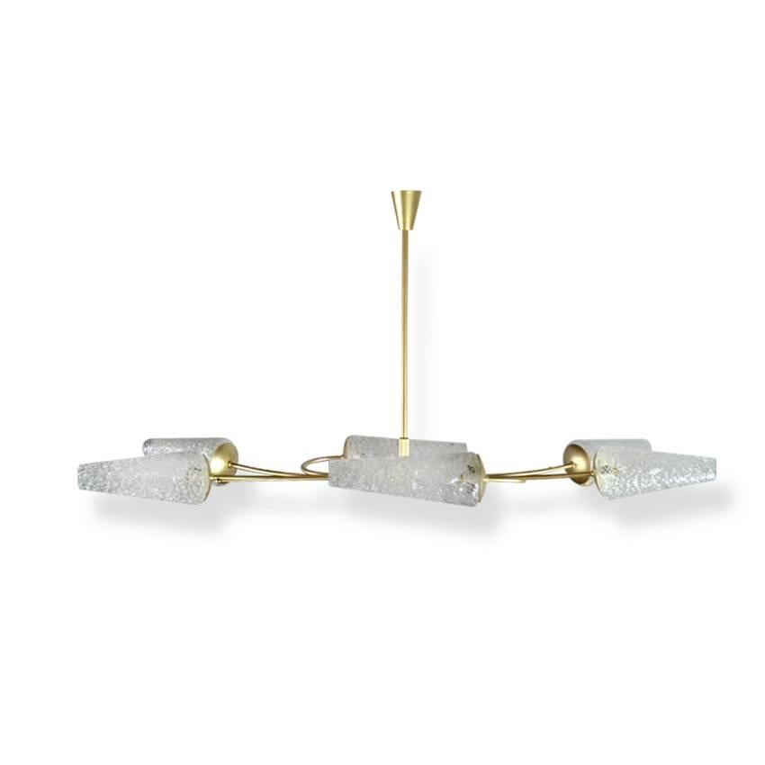This stunningly fixture provides a stylish and delicate look as well as plenty of light, perfect fit over a dining table. Murano glass cones are in mint condition as well as gold enameled frame. Adjustable height. Newly rewired.