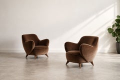 Vladimir Kagan Barrel Lounge Chairs in Brown Velvet and Walnut Legs