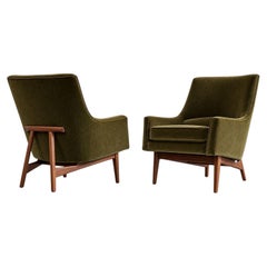 Lounge Chairs Model 2136 by Jens Risom in Velvet and Walnut, C. 1950s