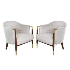 Pair of Brass Accented Sculptural Walnut Lounge Chairs, 1950s