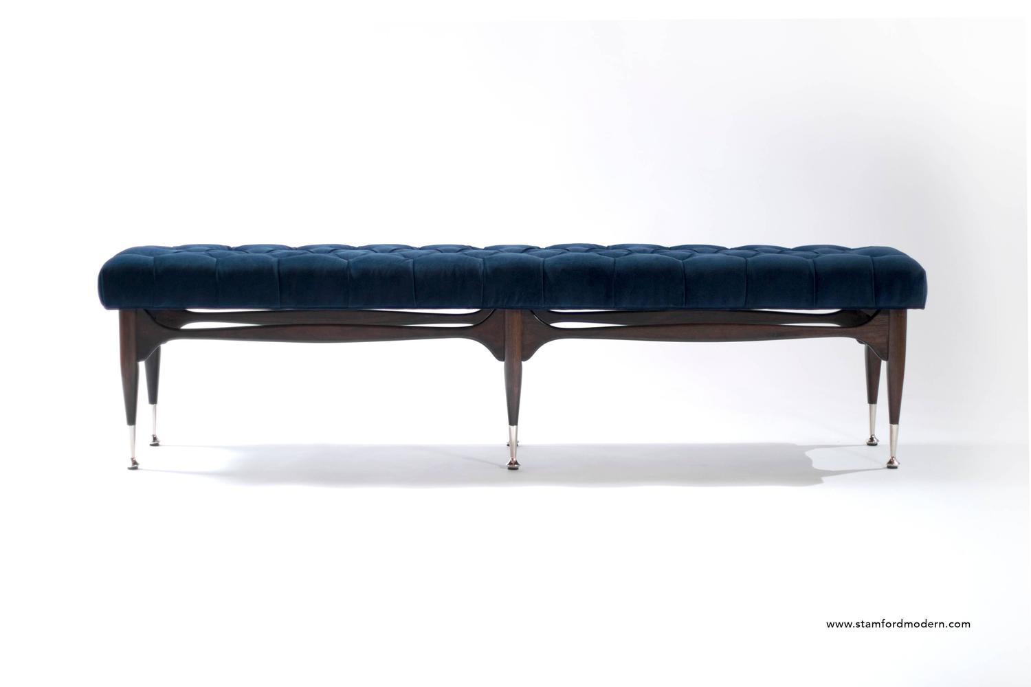 Midcentury Sculptural Tufted Bench In Navy Blue Velvet For