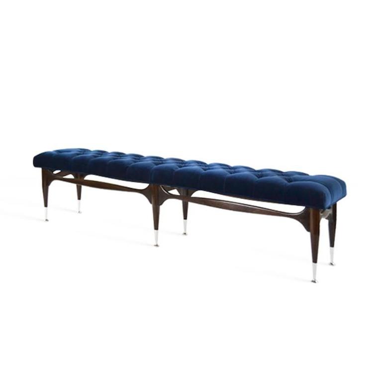 Midcentury Sculptural Tufted Bench In Navy Blue Velvet For