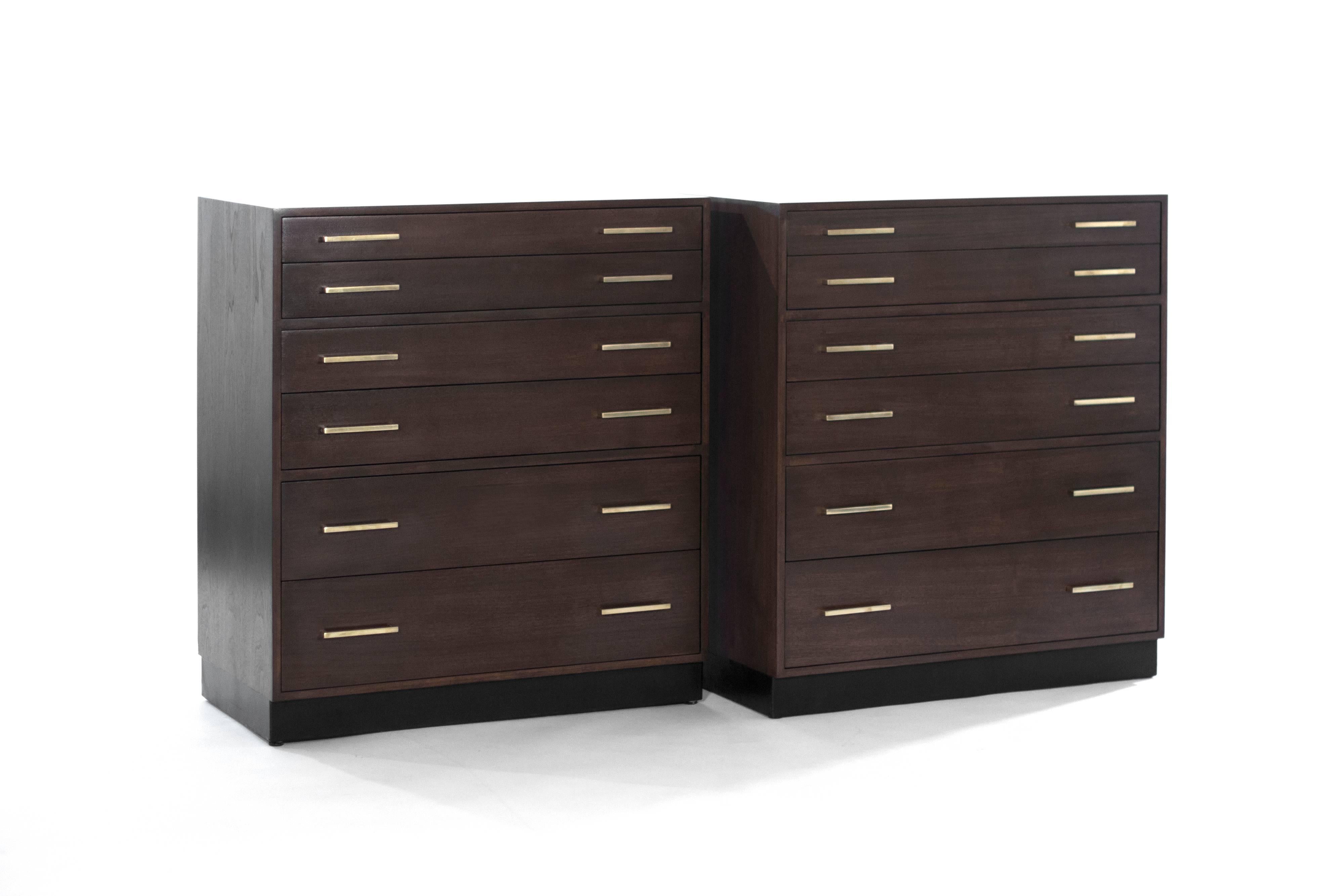 Stunning pair of chest of drawers by Edward Wormley for Dunbar. Six drawers provide ample storage space for clothing as well as accessories. Walnut case fully restored, brass pulls newly hand polished.