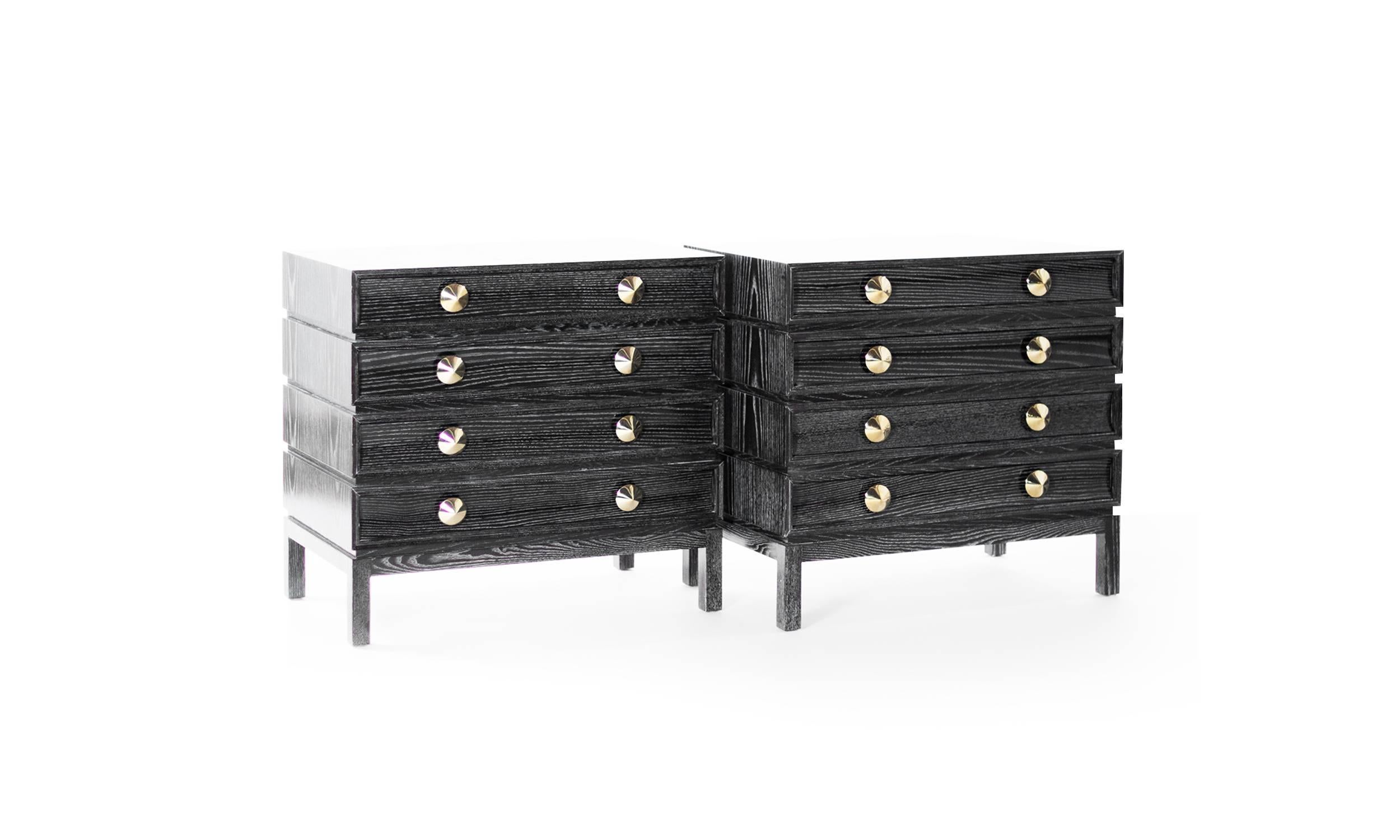 Contemporary Pair of Stacked Bedside Tables in Black Ceruse