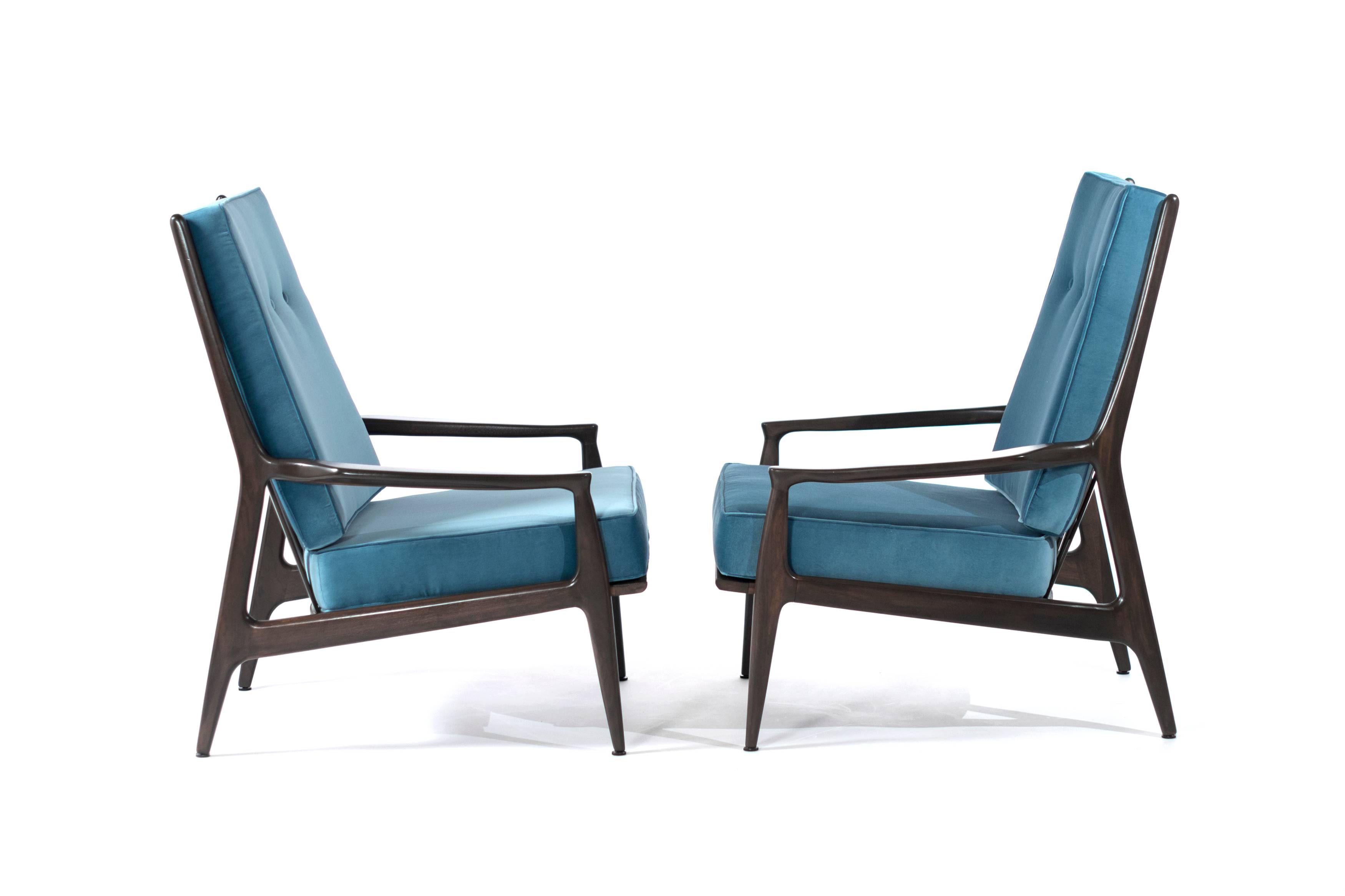 Pair of high back lounge chairs by Milo Baughman for Thayer Coggin. Sculptural walnut frames fully restored, newly upholstered in Robert Allen, blue/turquoise velvet.