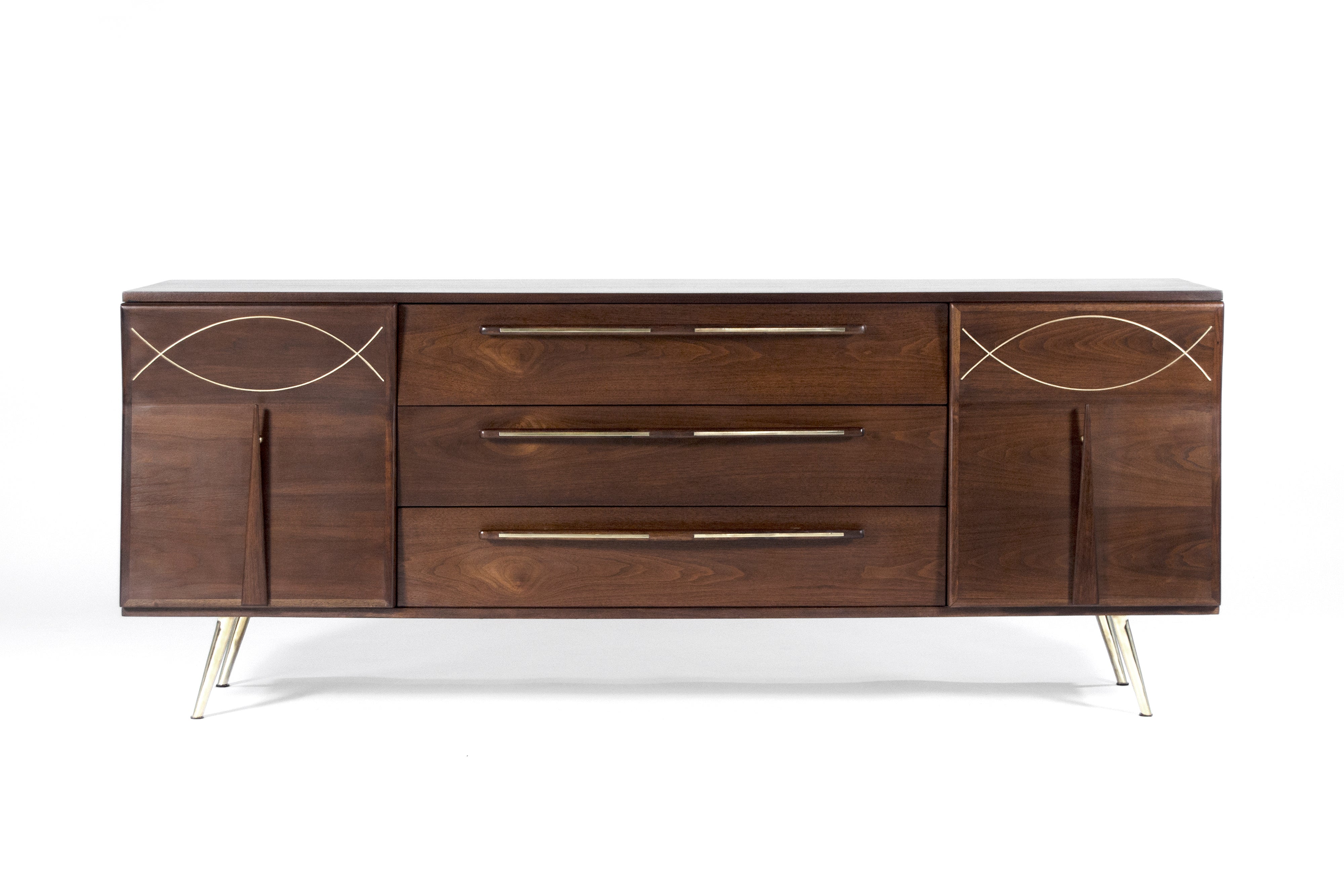 Mid Century Modern Sculptural Walnut Inlaid Brass Credenza For Sale At Mid Century Modern Sculptural Walnut Inlaid Brass Credenza For Sale At