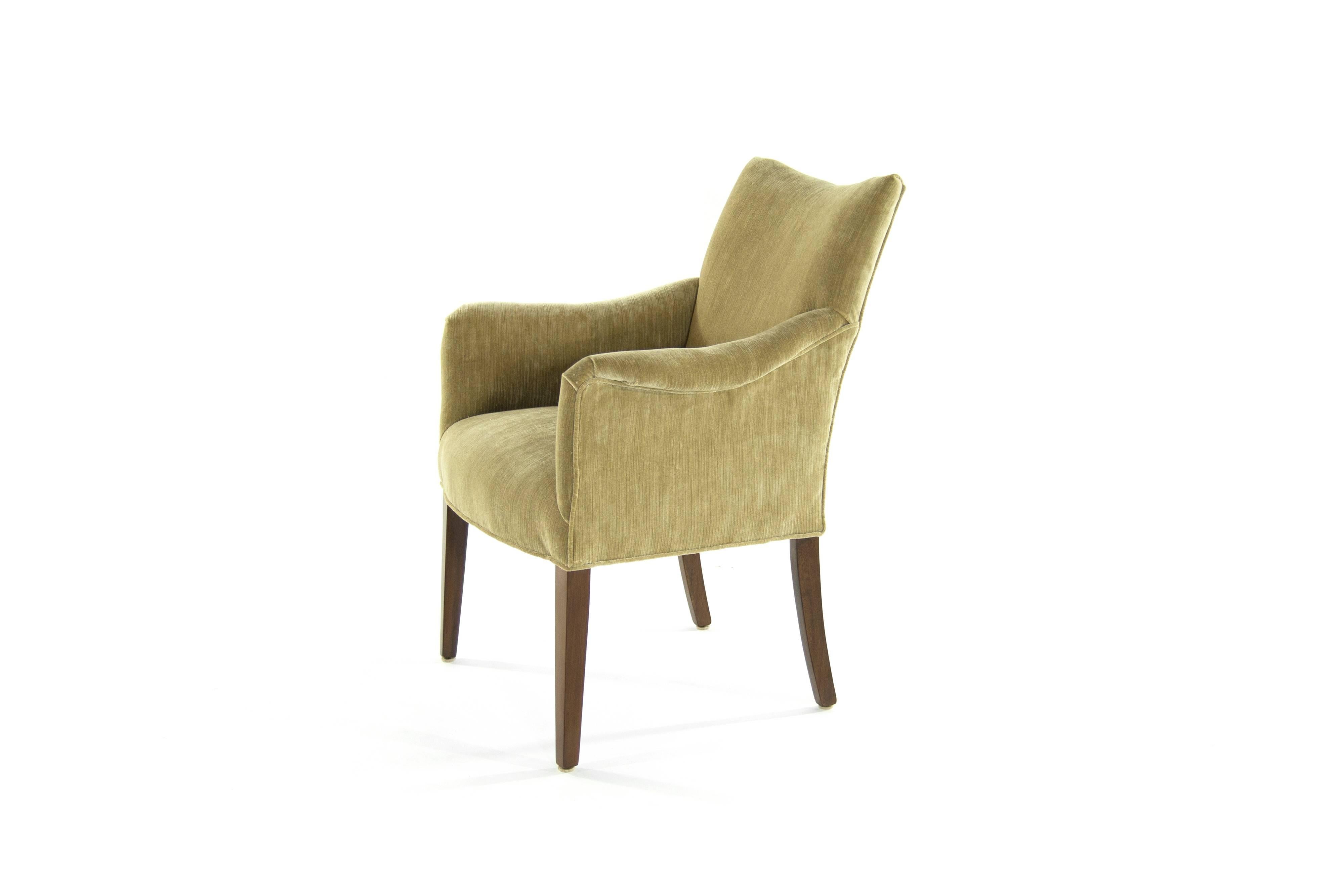 Armchair in gold chenille in the style of Carl Malmsten. Walnut legs fully restored, newly reupholstered.
